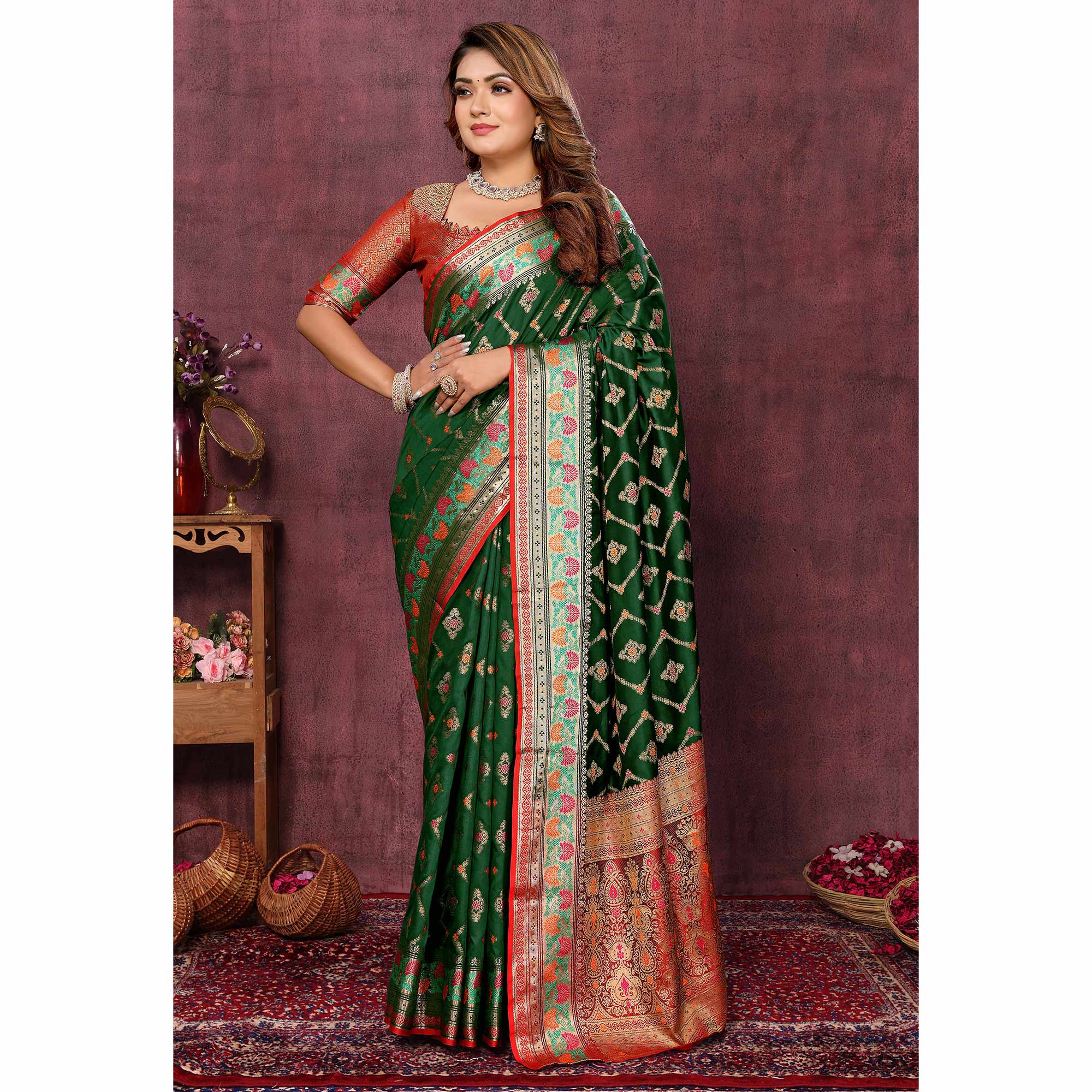 Bottle Green Flora Woven Art Silk Saree