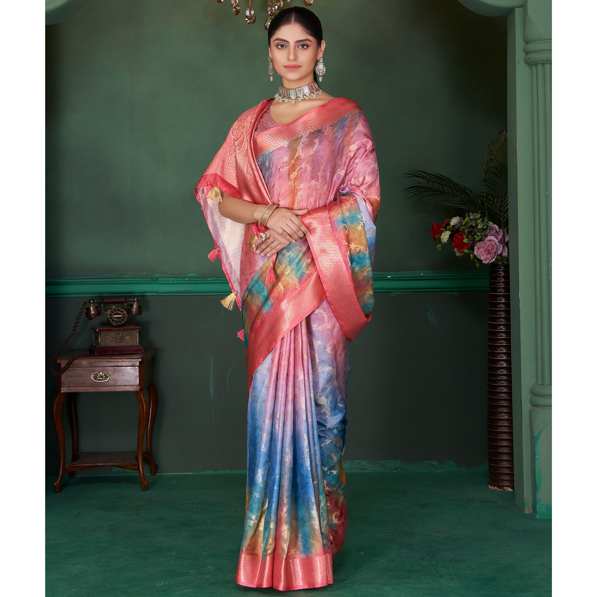 Pink Floral Woven With Digital Printed Georgette Saree