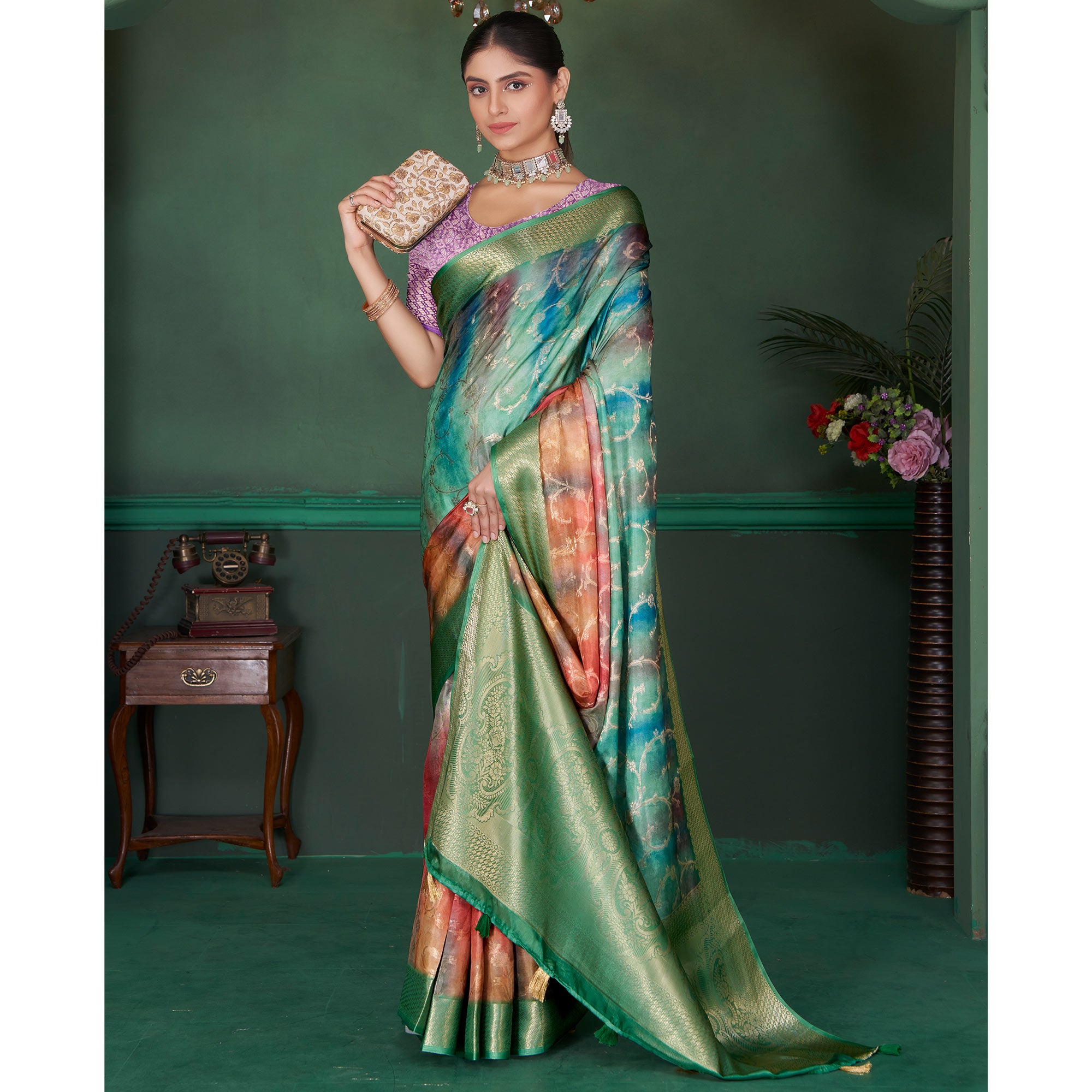 Green Floral Woven With Digital Printed Georgette Saree