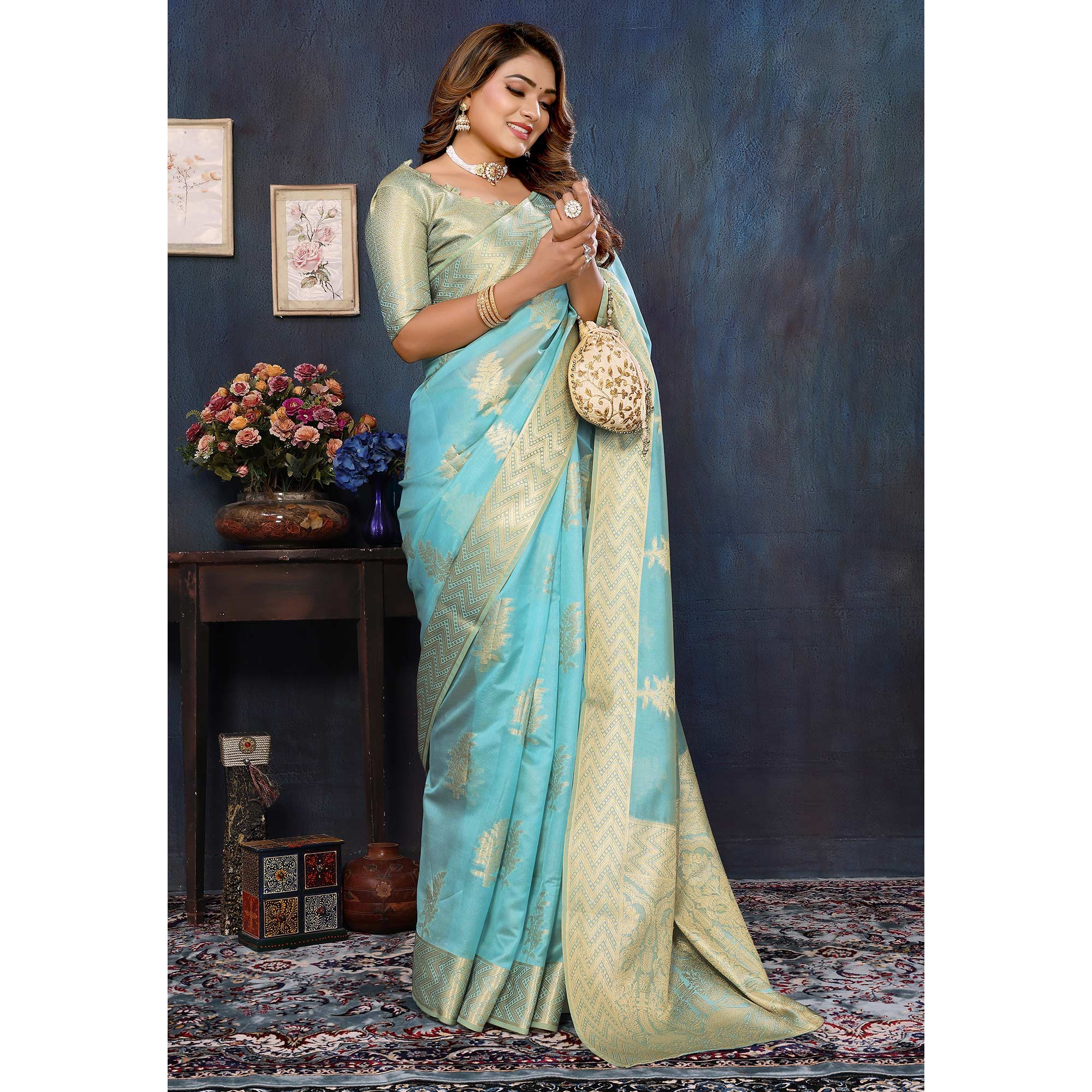 Blue Floral Woven Organza Saree