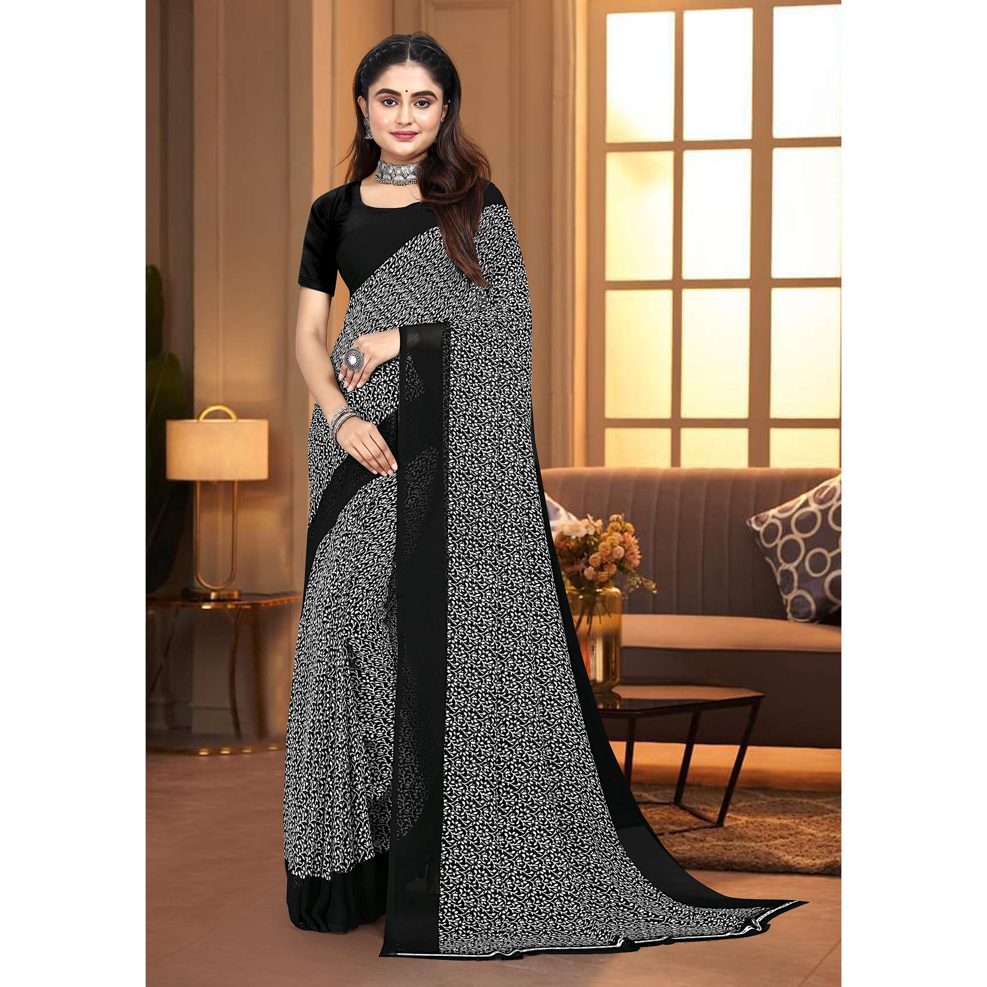 Black & White Floral Printed Georgette Saree