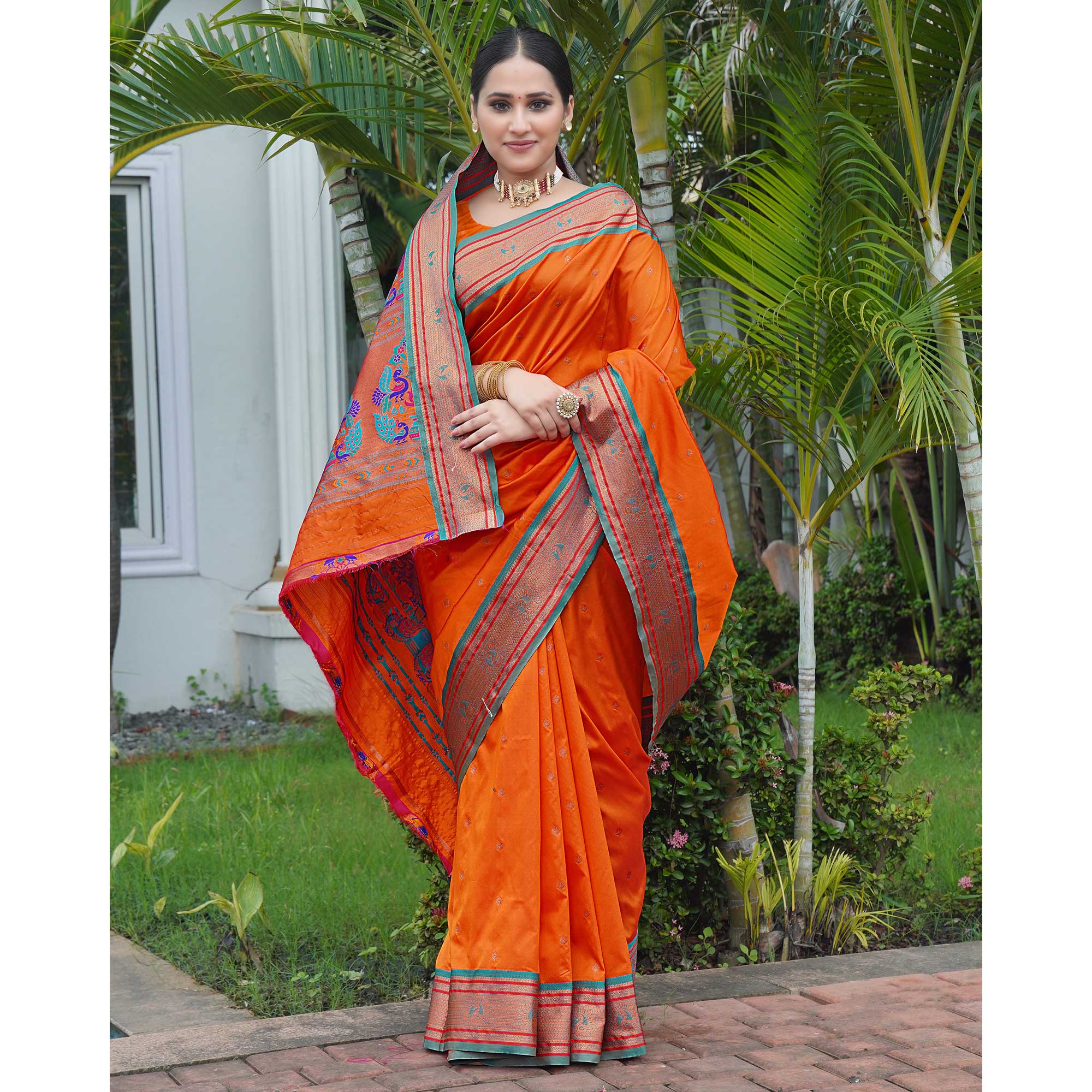 Orange Woven Paithani Art Silk Saree