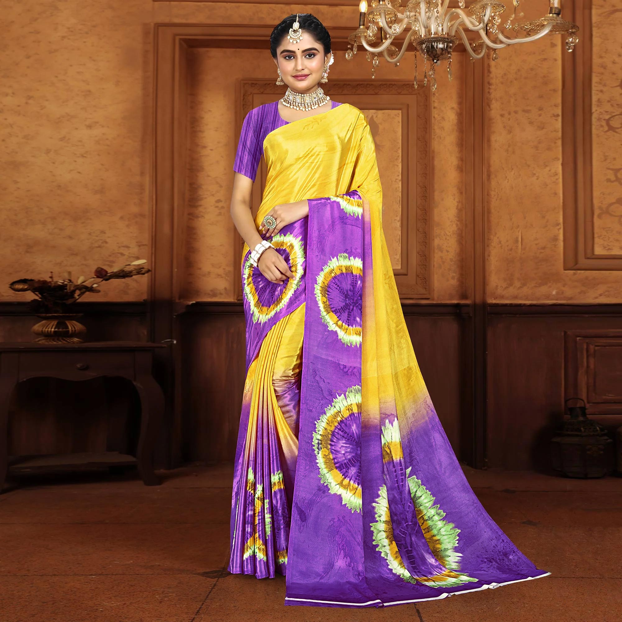 Purple & Yellow Printed Crepe Silk Saree