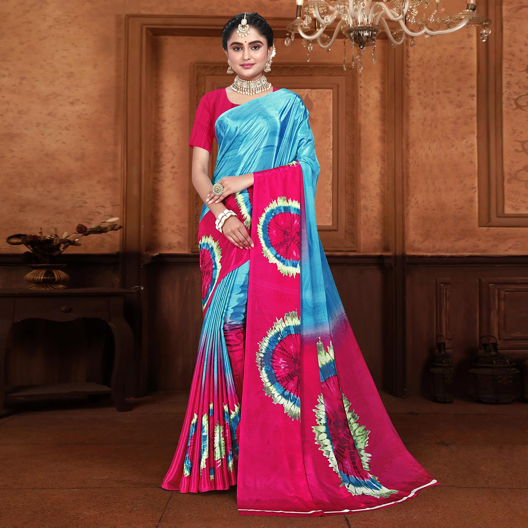 Blue & Pink Printed Crepe Silk Saree