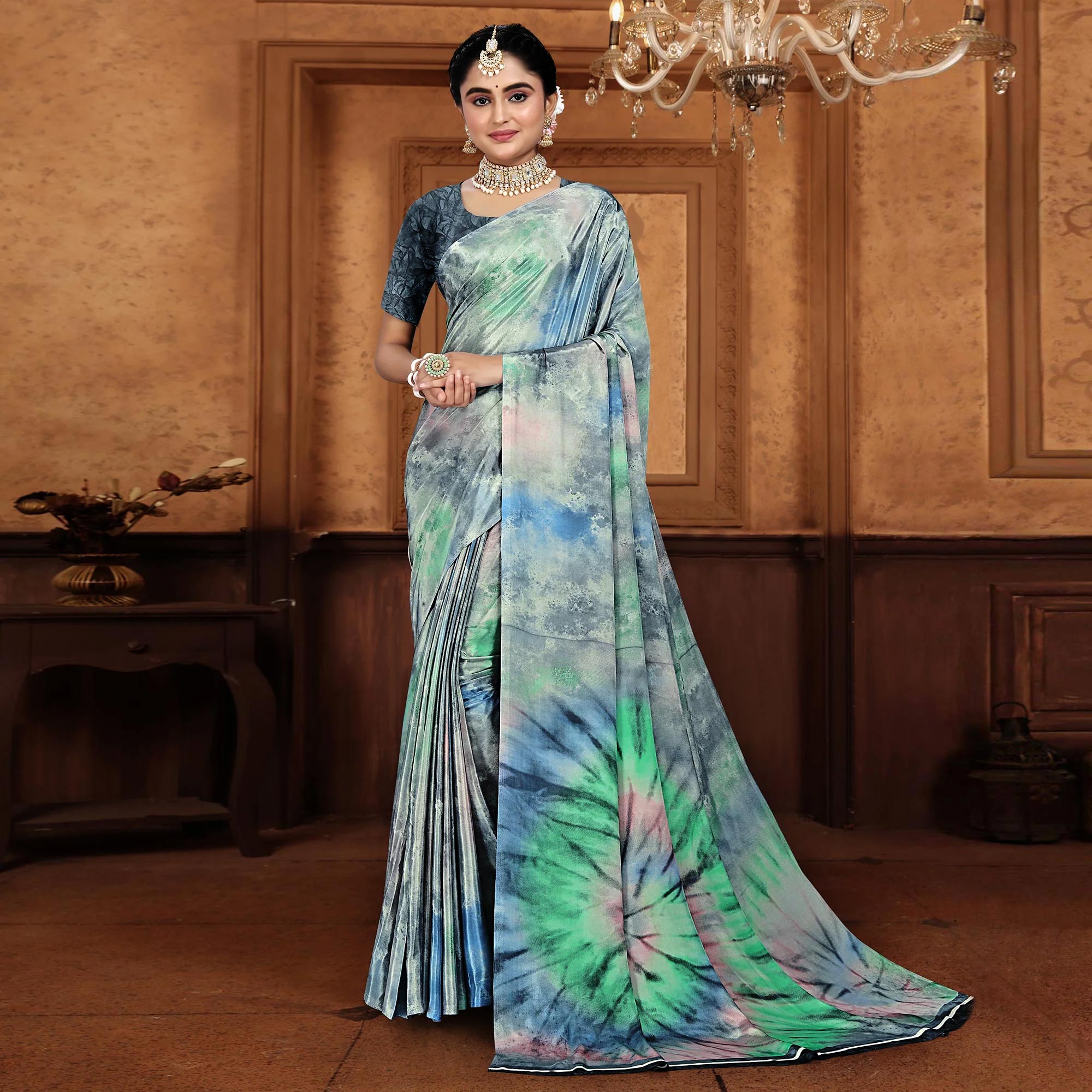 Bluish Grey Printed Crepe Silk Saree