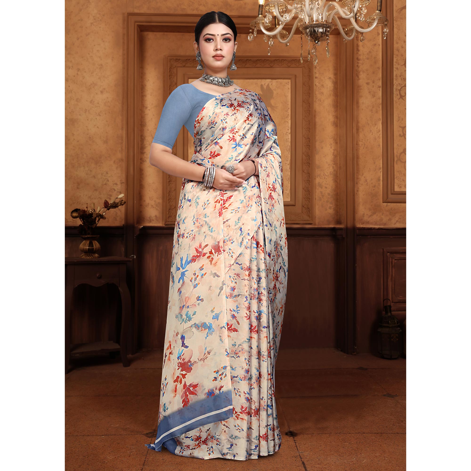 Cream Floral Digital Printed Georgette Saree