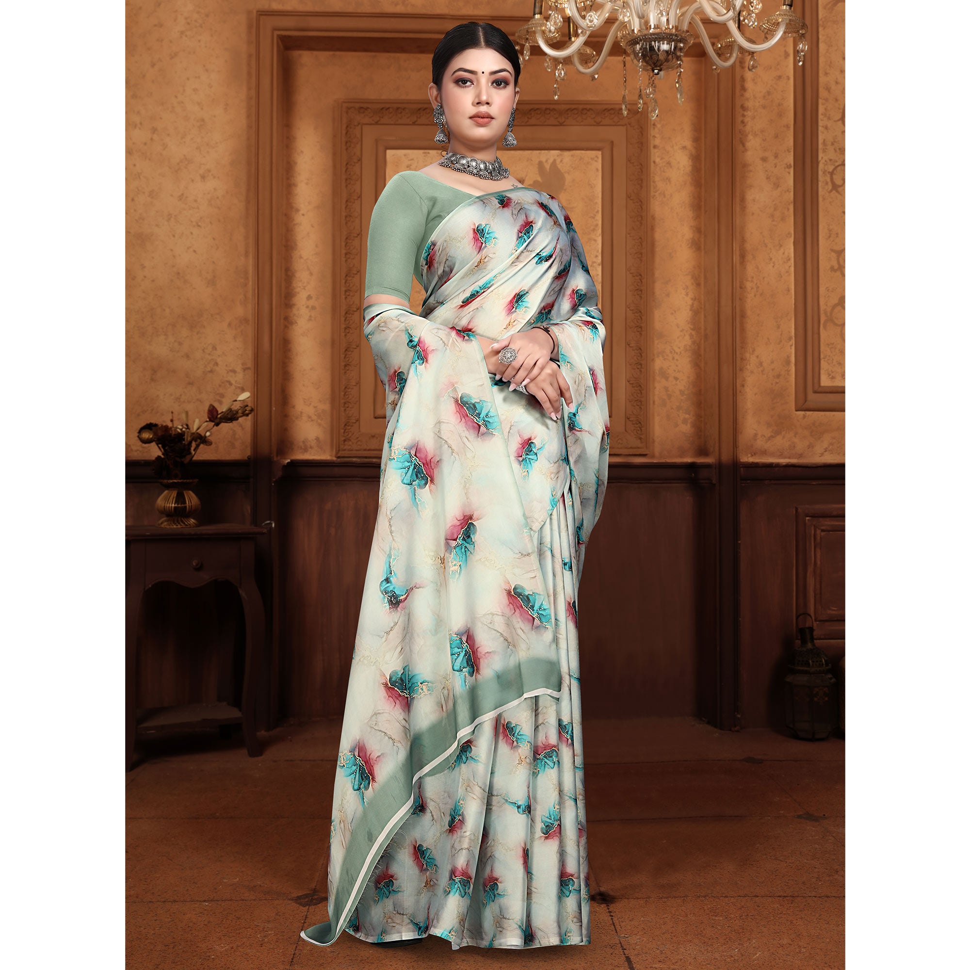 Cream Digital Printed Georgette Saree