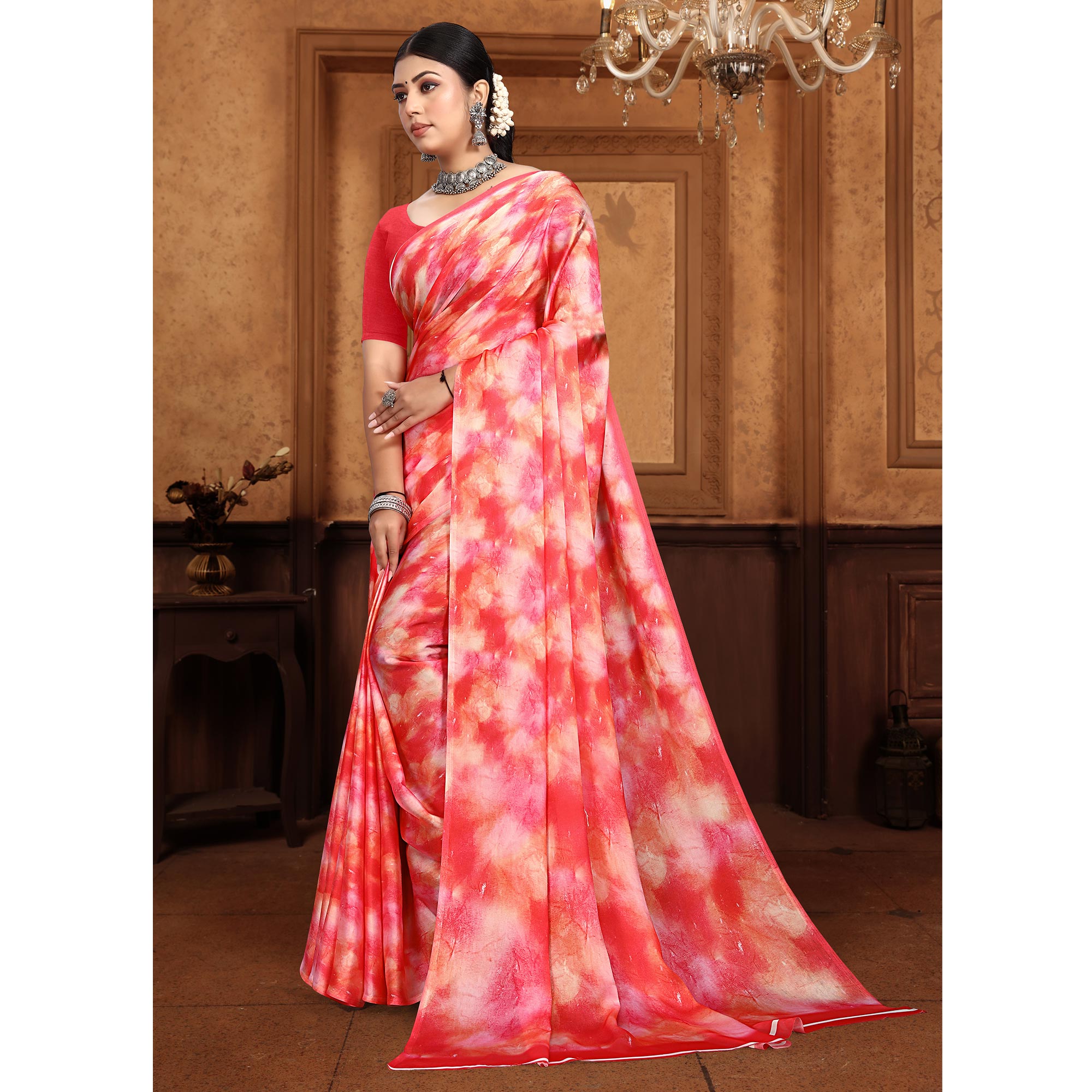 Rani Pink Abstract Digital Printed Georgette Saree