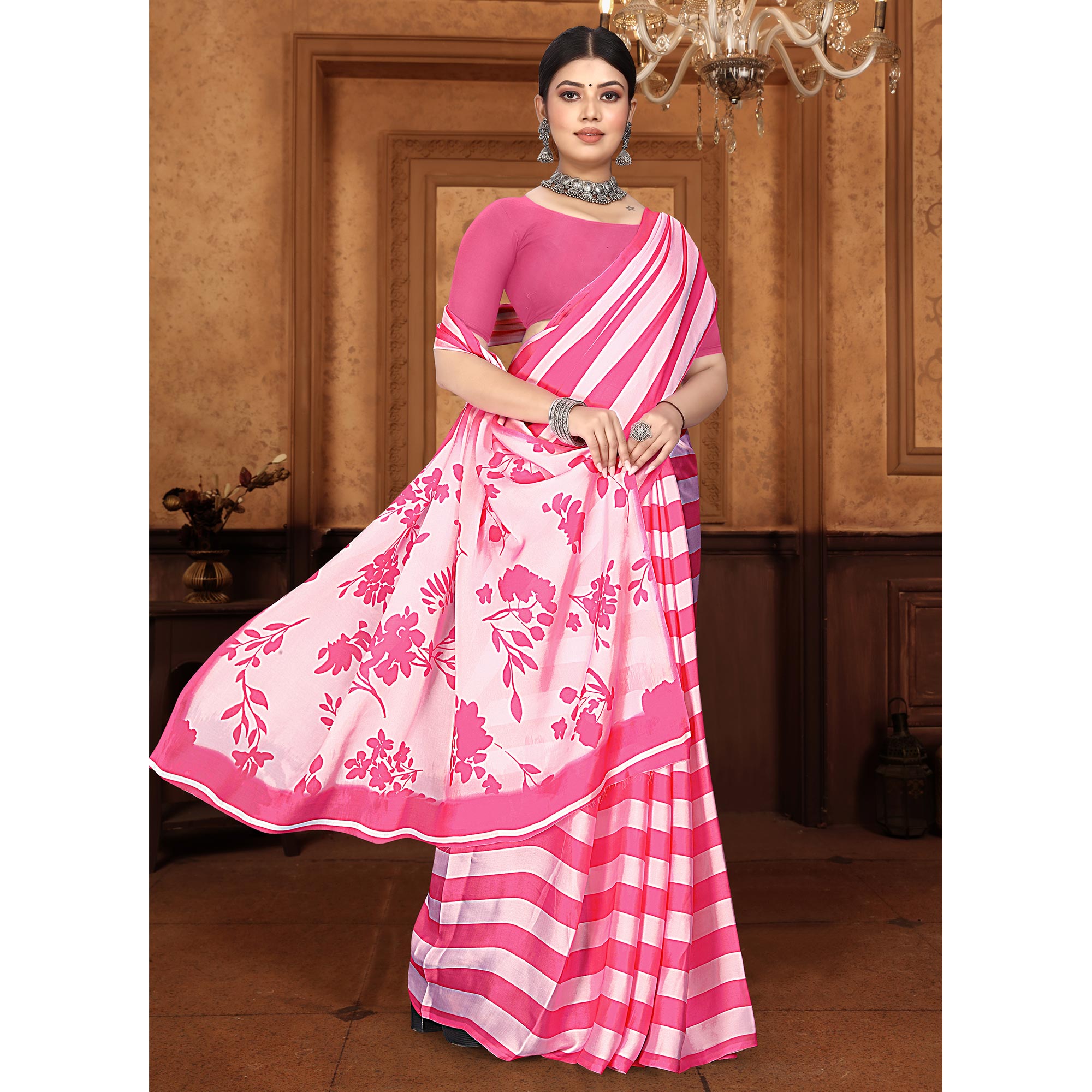 Pink Striped Digital Printed Georgette Saree