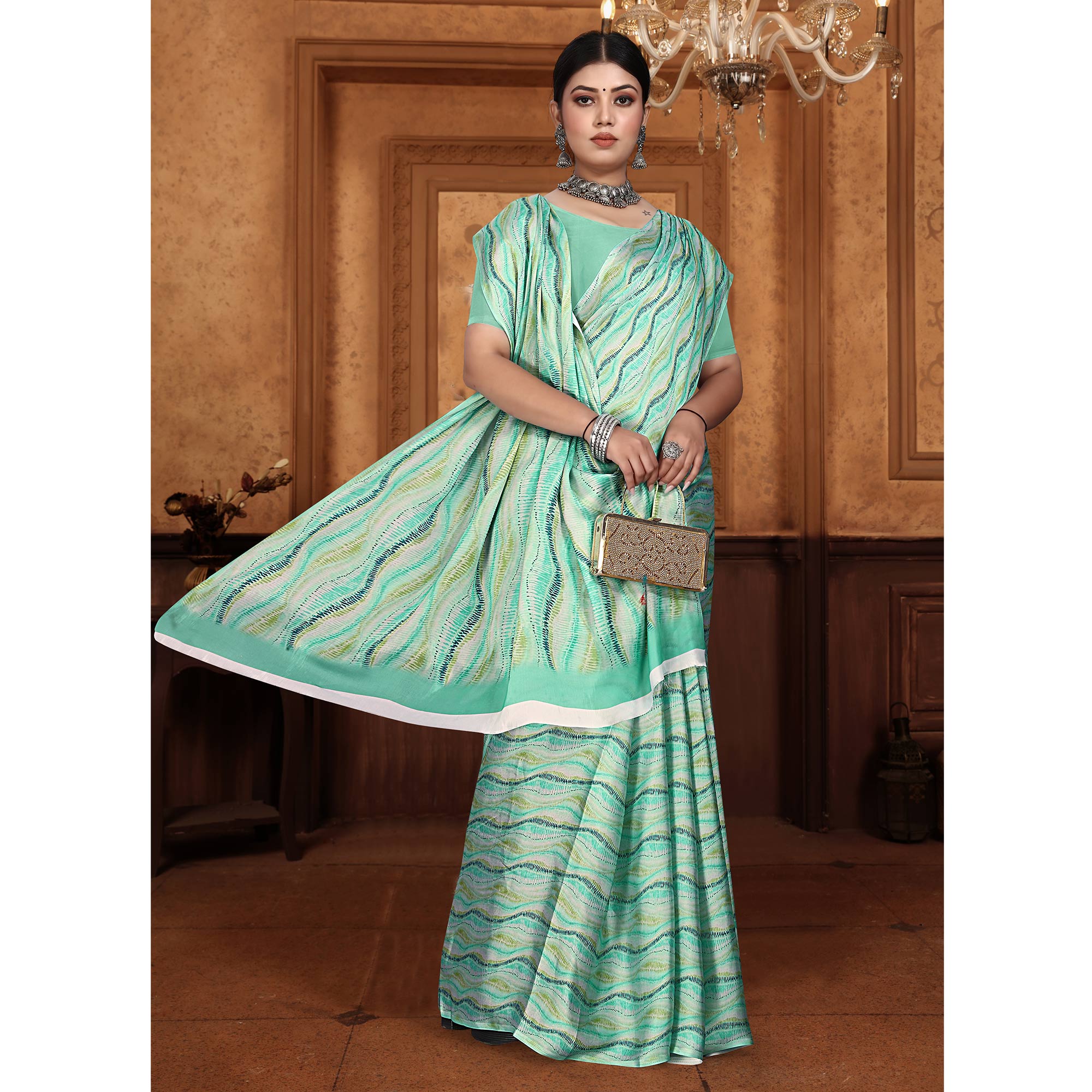 Green Zig Zag  Digital Printed Georgette Saree