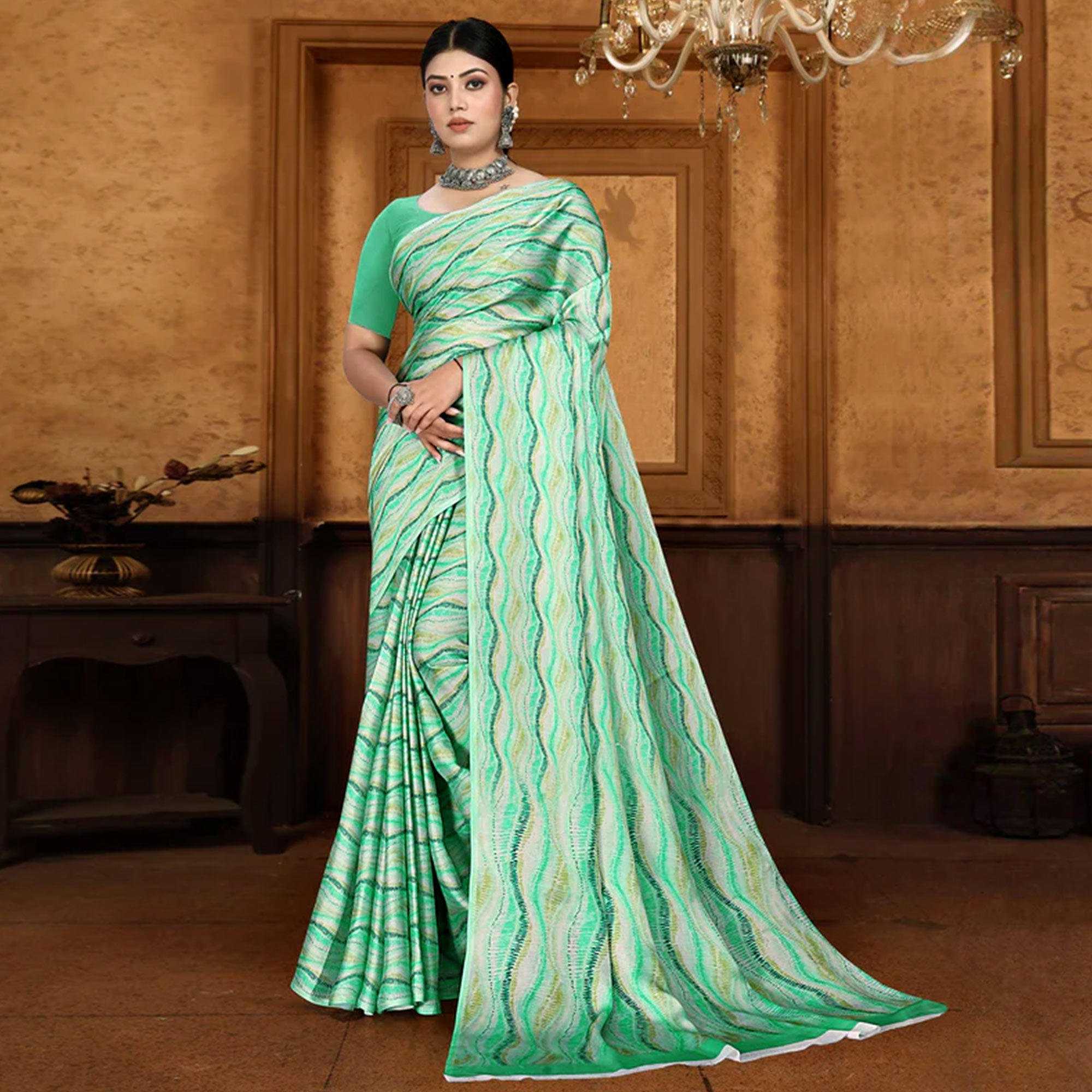 Green Zig Zag  Digital Printed Georgette Saree