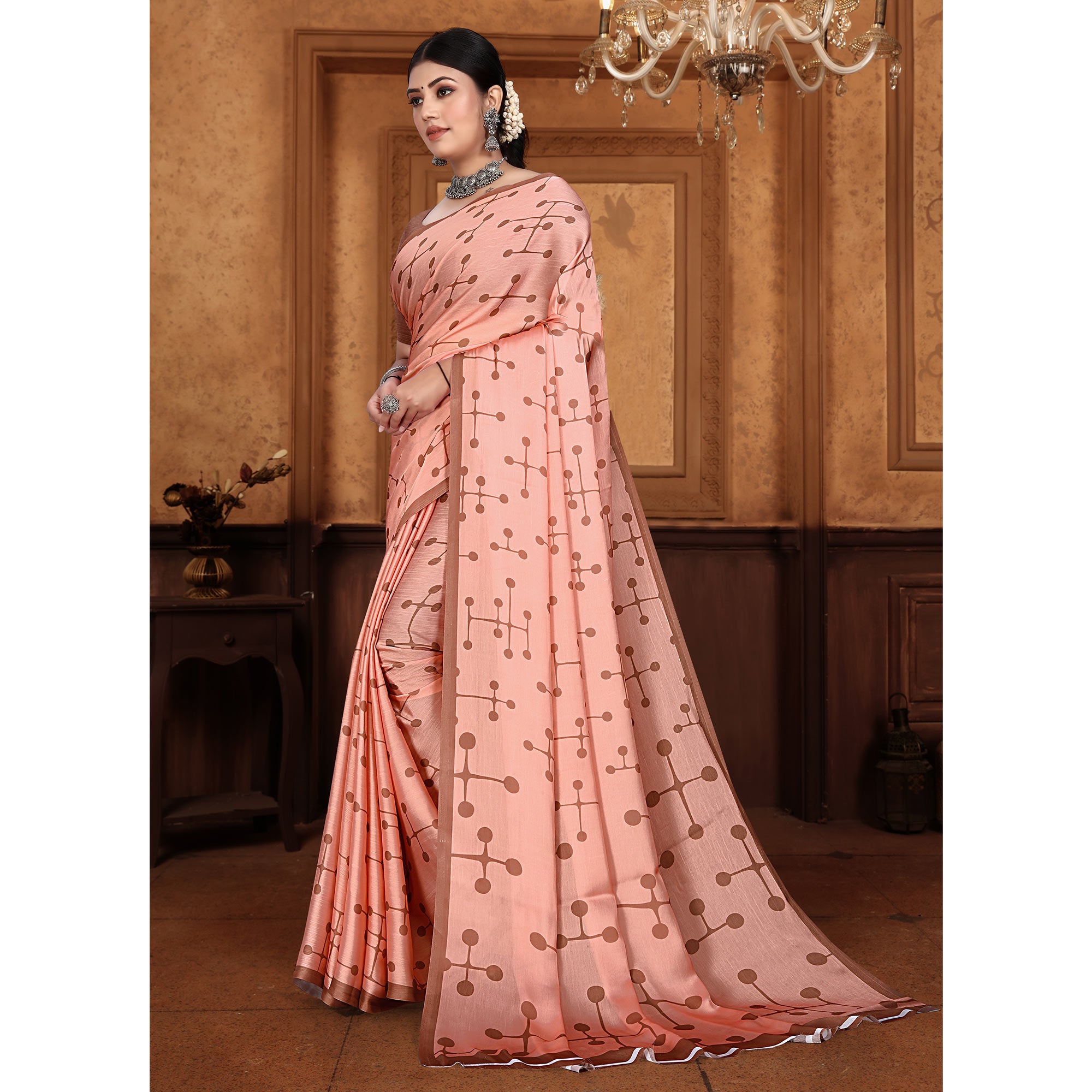 Peach Digital Printed Georgette Saree