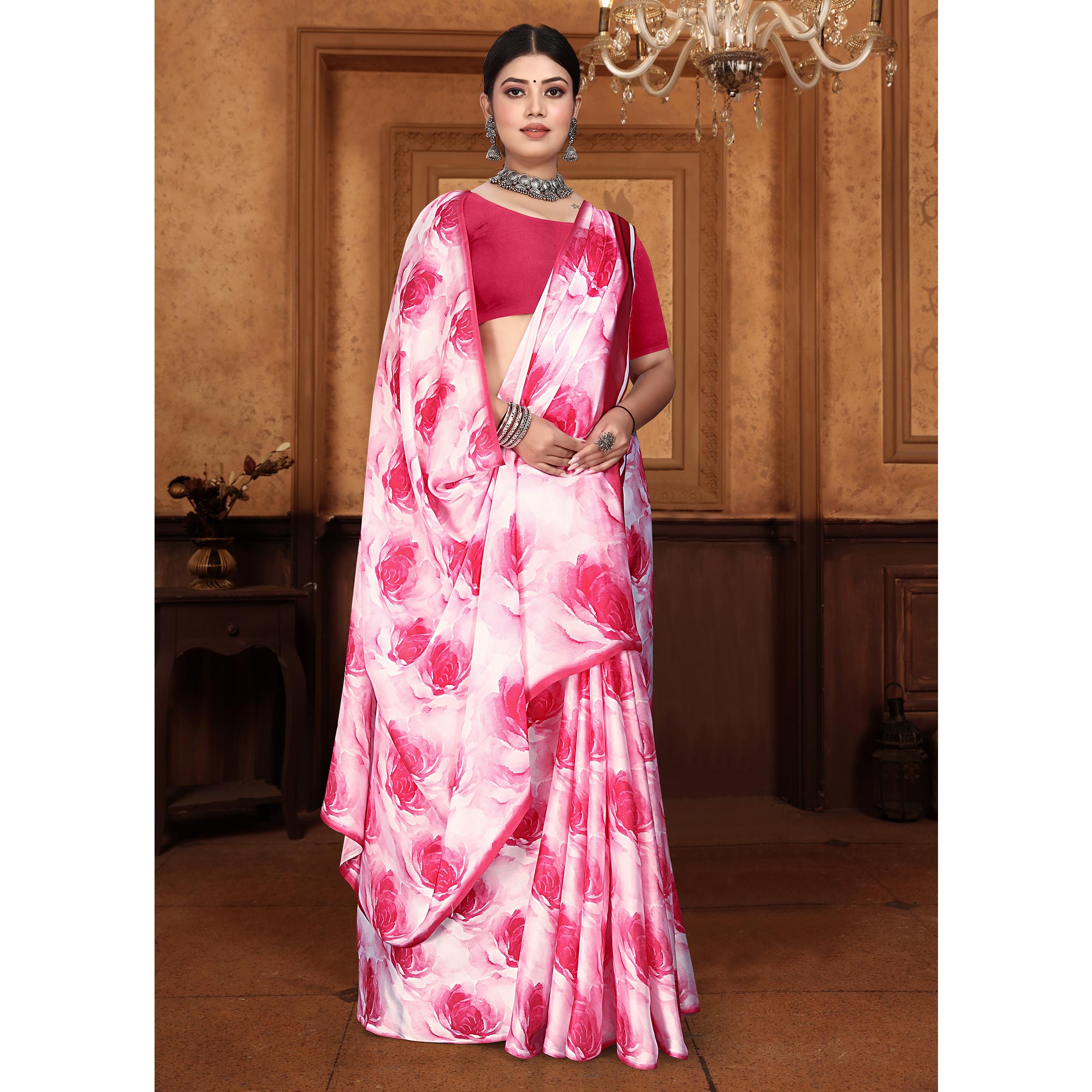 Pink Floral Digital Printed Georgette Saree