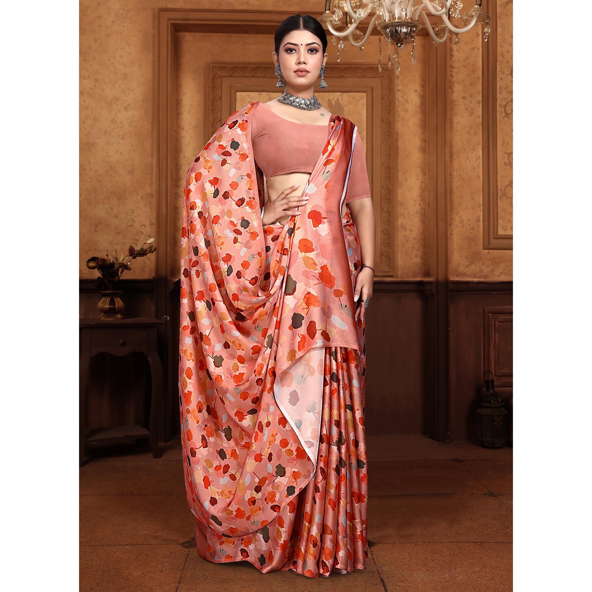 Peach Floral Digital Printed Georgette Saree