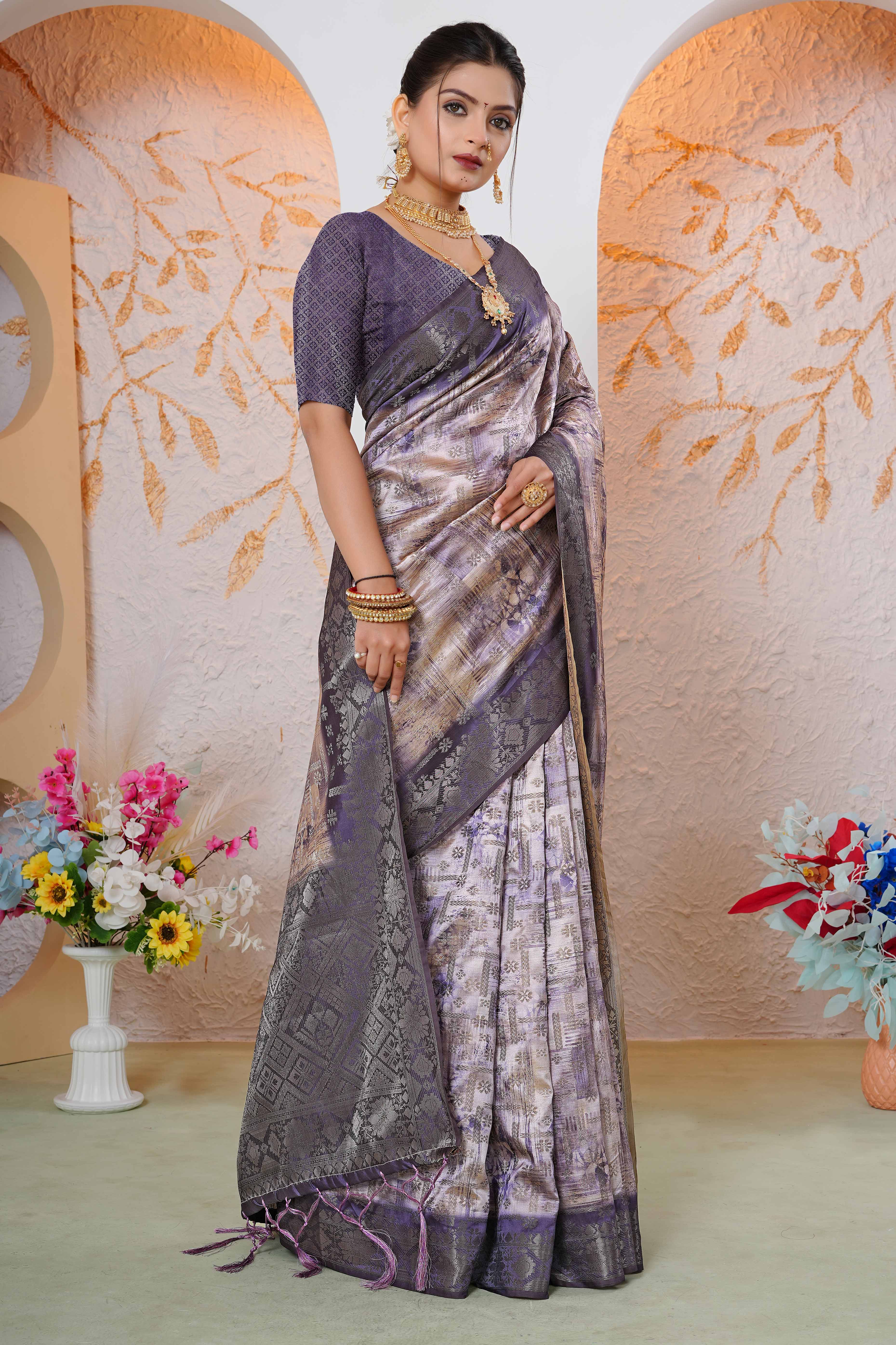 Premium Lavender Woven & Digitally Printed Silk Saree with Stylish Tassel Pallu