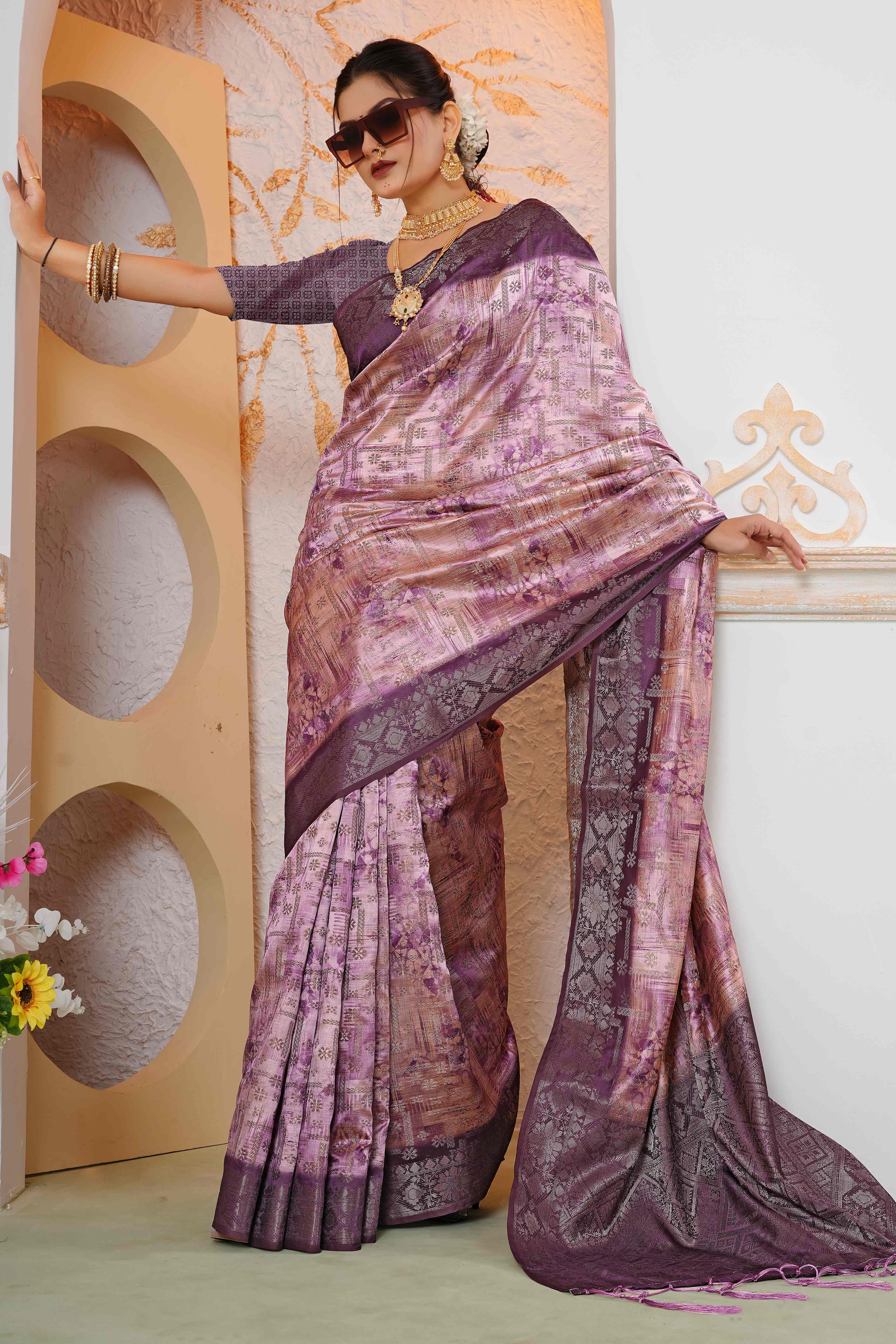 Premium Wine Woven & Digitally Printed Silk Saree with Stylish Tassel Pallu
