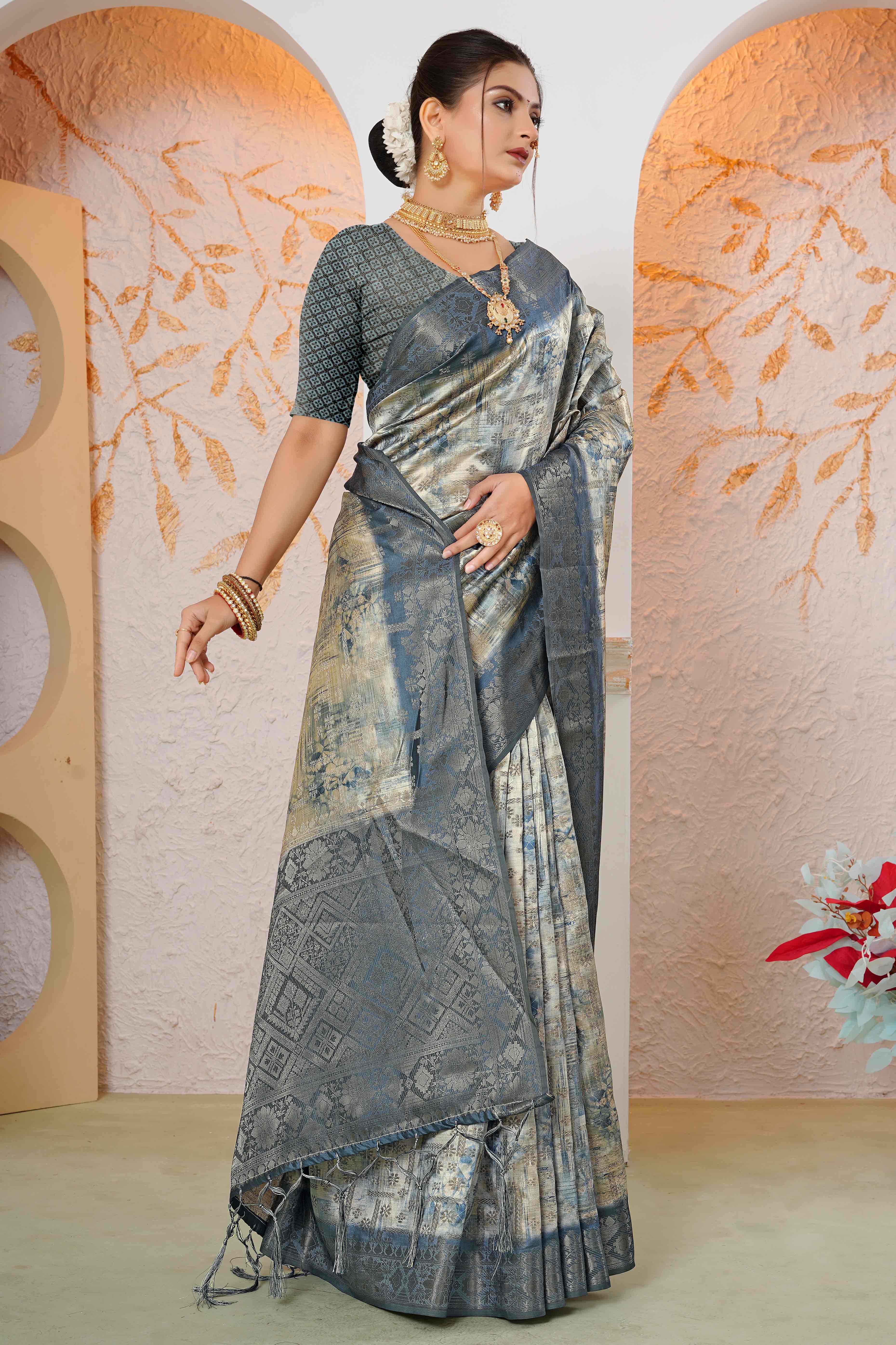 Premium Blue Woven & Digitally Printed Silk Saree with Stylish Tassel Pallu