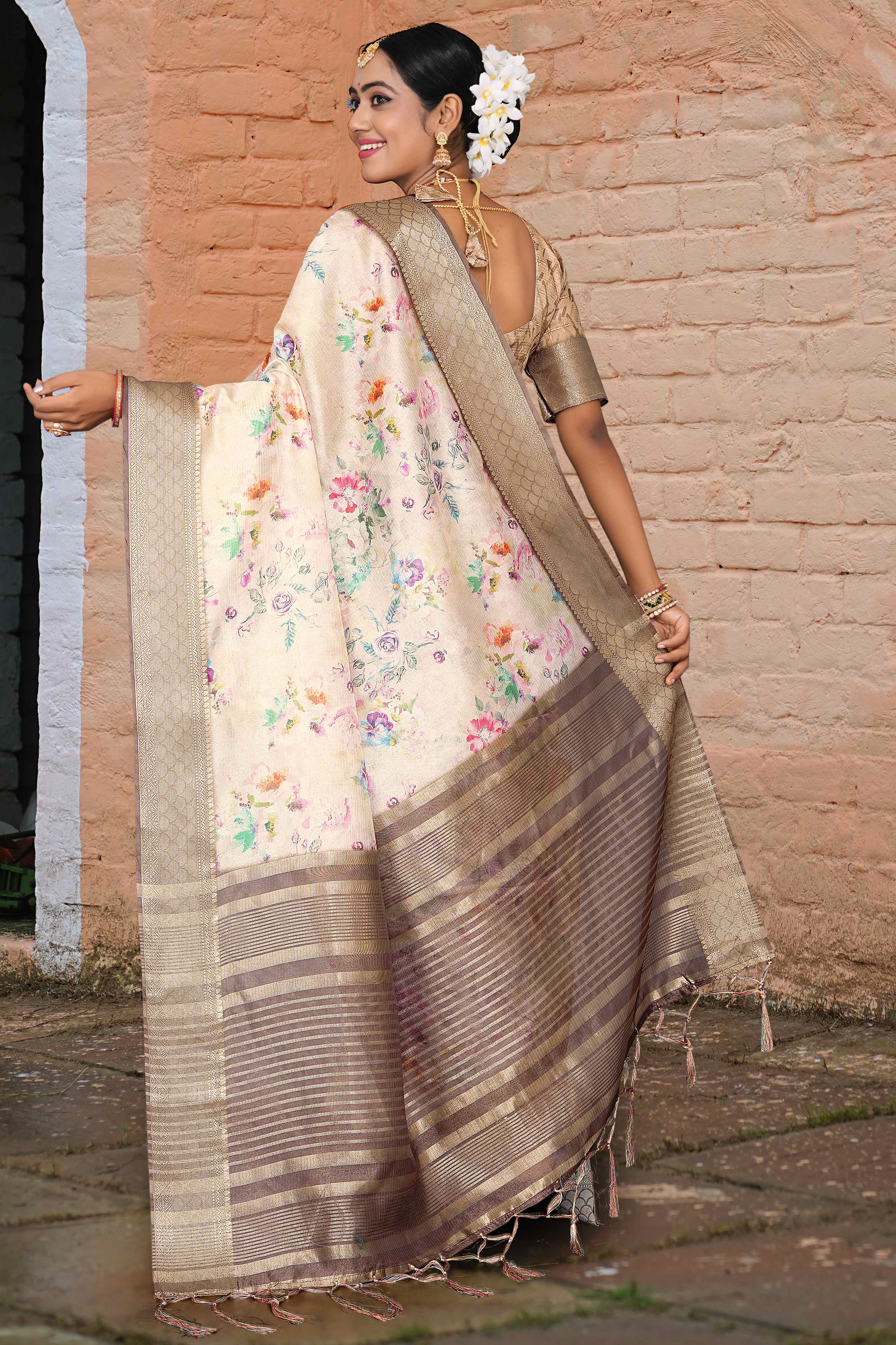 Light Peach Floral Digital Printed Silk Blend Saree With Intricate Weaving Border & Tassel Pallu