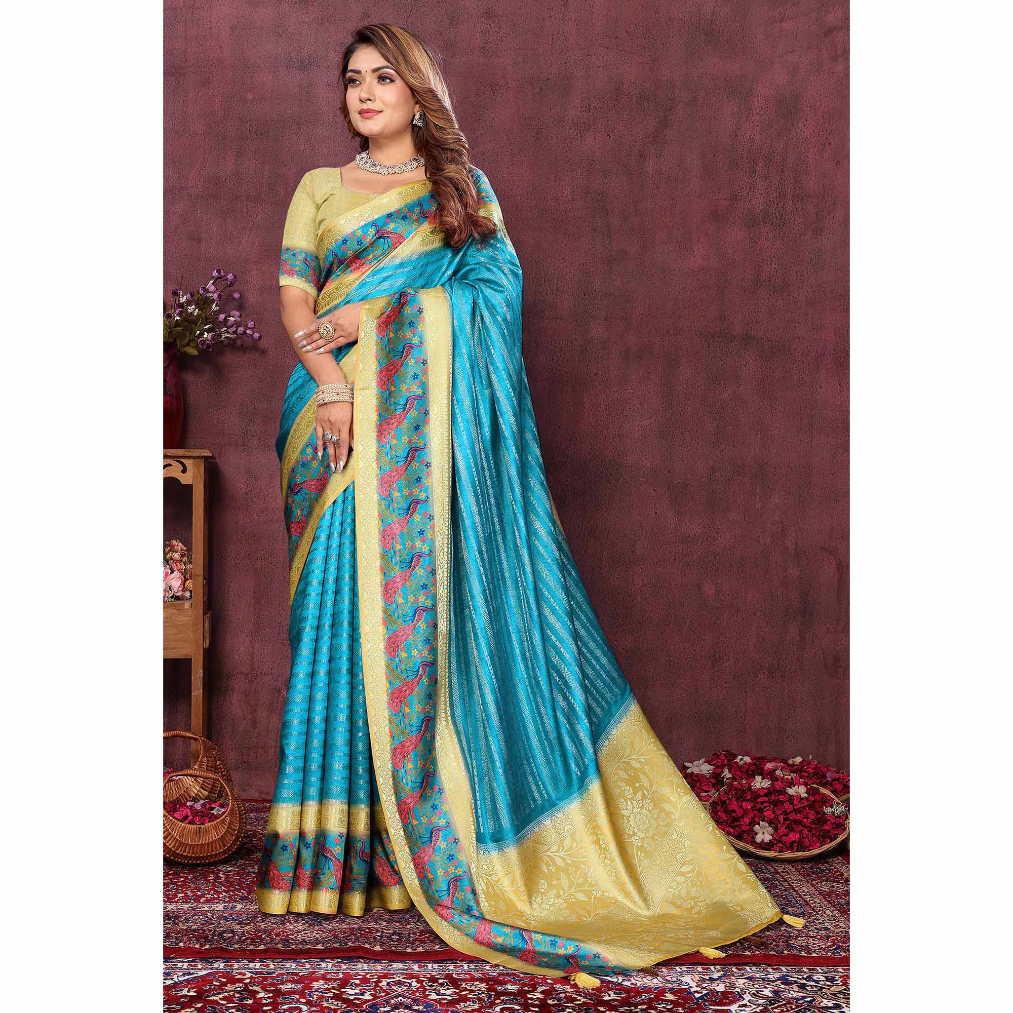 Blue Woven With Digital Printed Raw Silk Saree