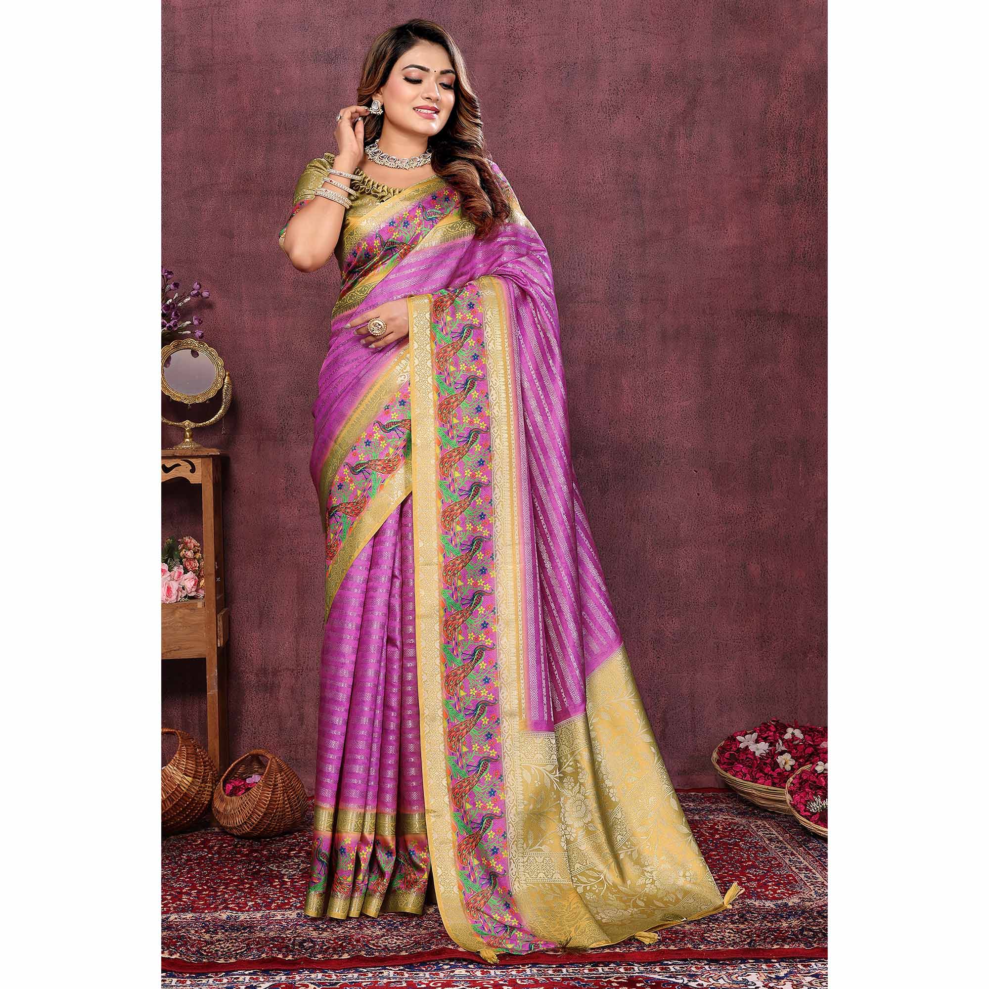 Purple Woven With Digital Printed Raw Silk Saree