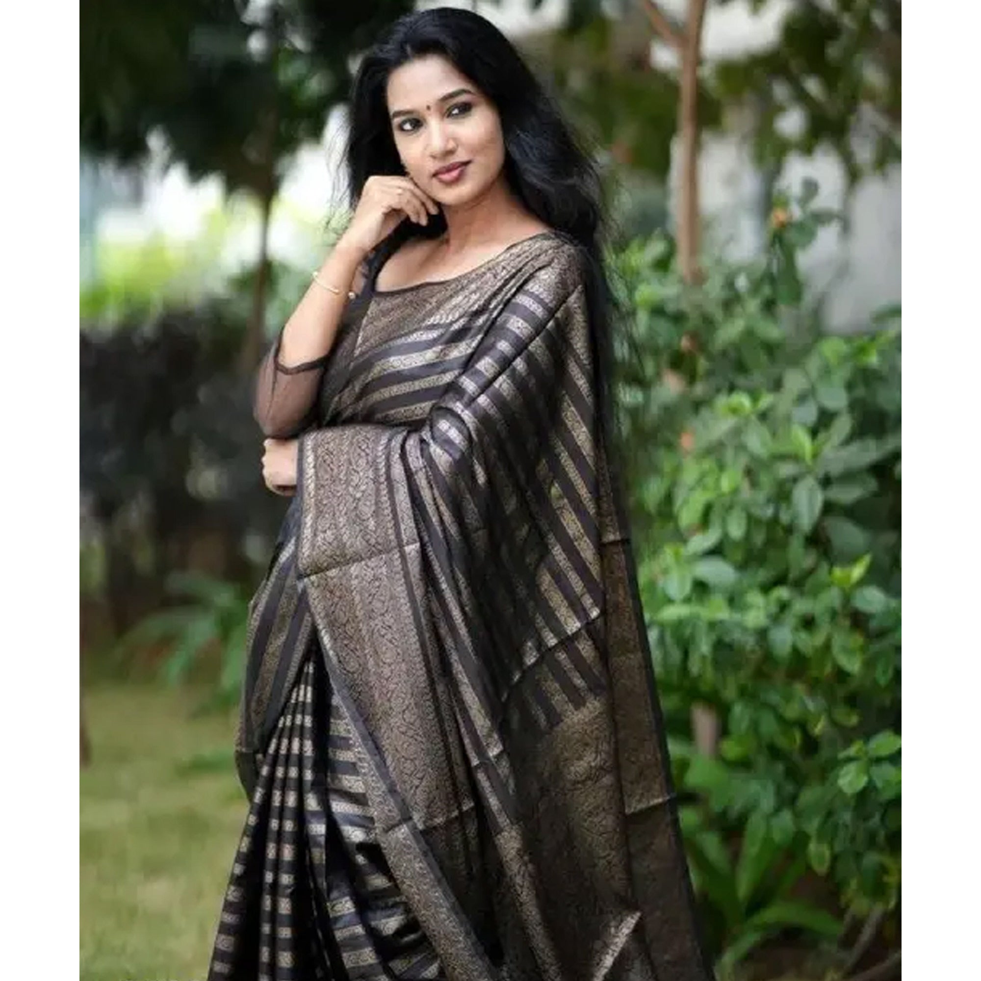 Black Woven Banarasi Silk Saree with Tassels