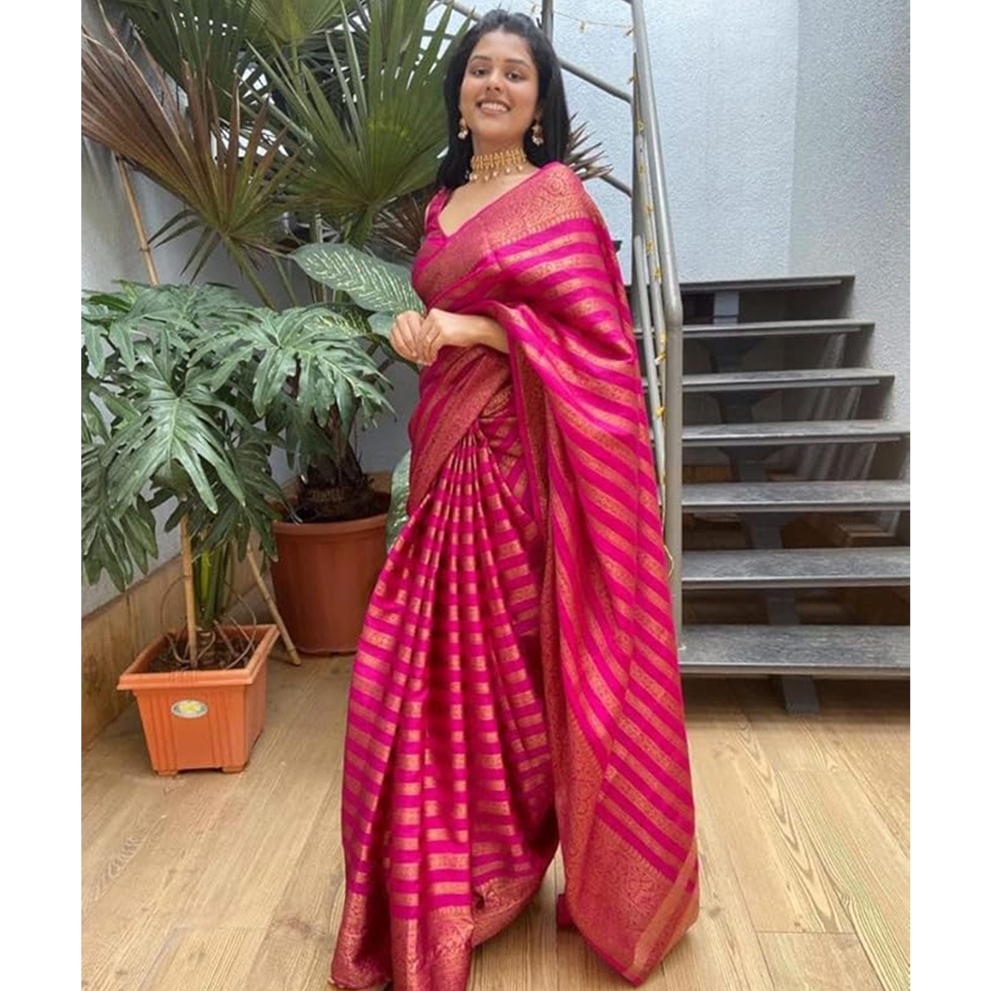 Pink Woven Banarasi Silk Saree with Tassels