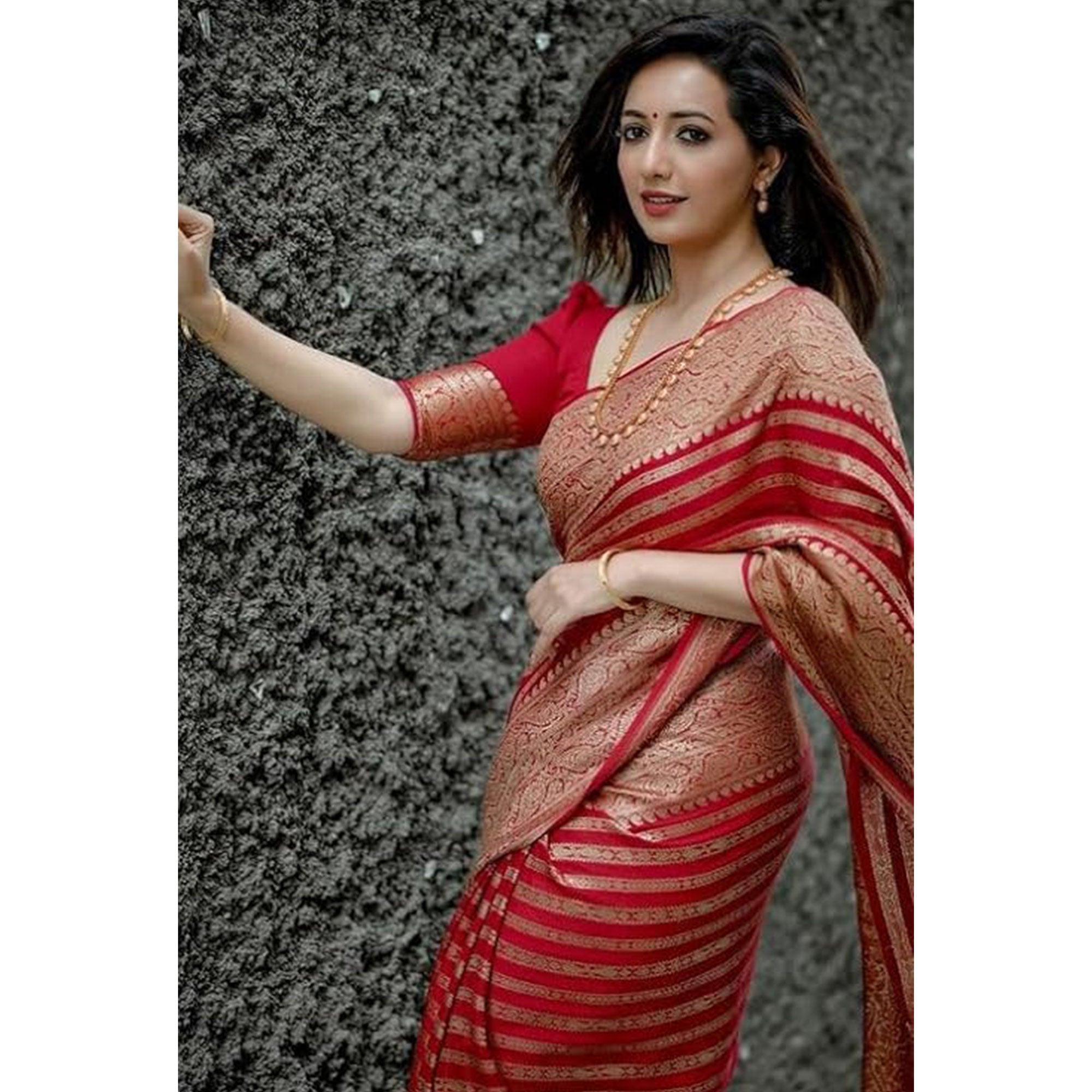 Red Woven Banarasi Silk Saree with Tassels