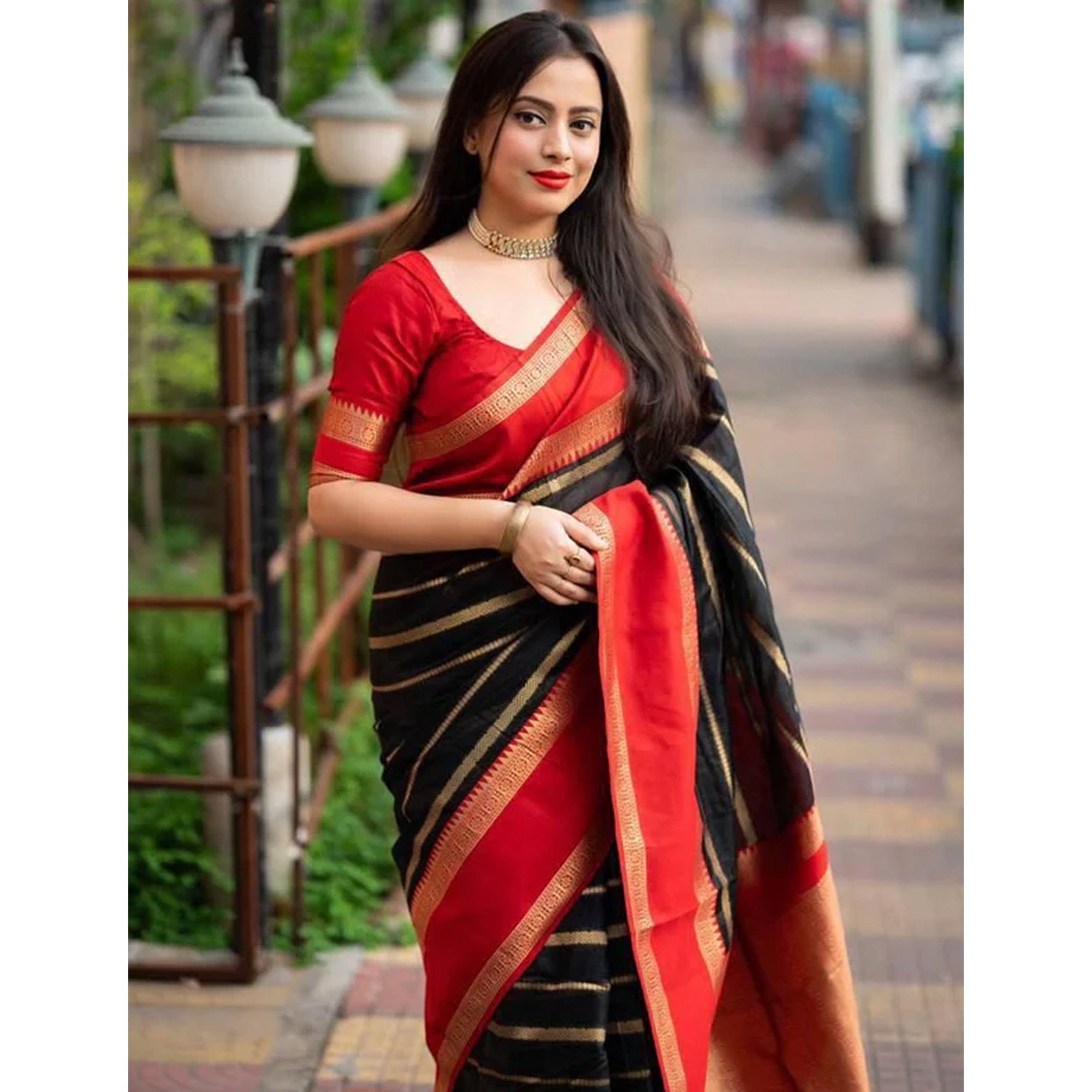 Black Woven Banarasi Silk Saree with Tassels