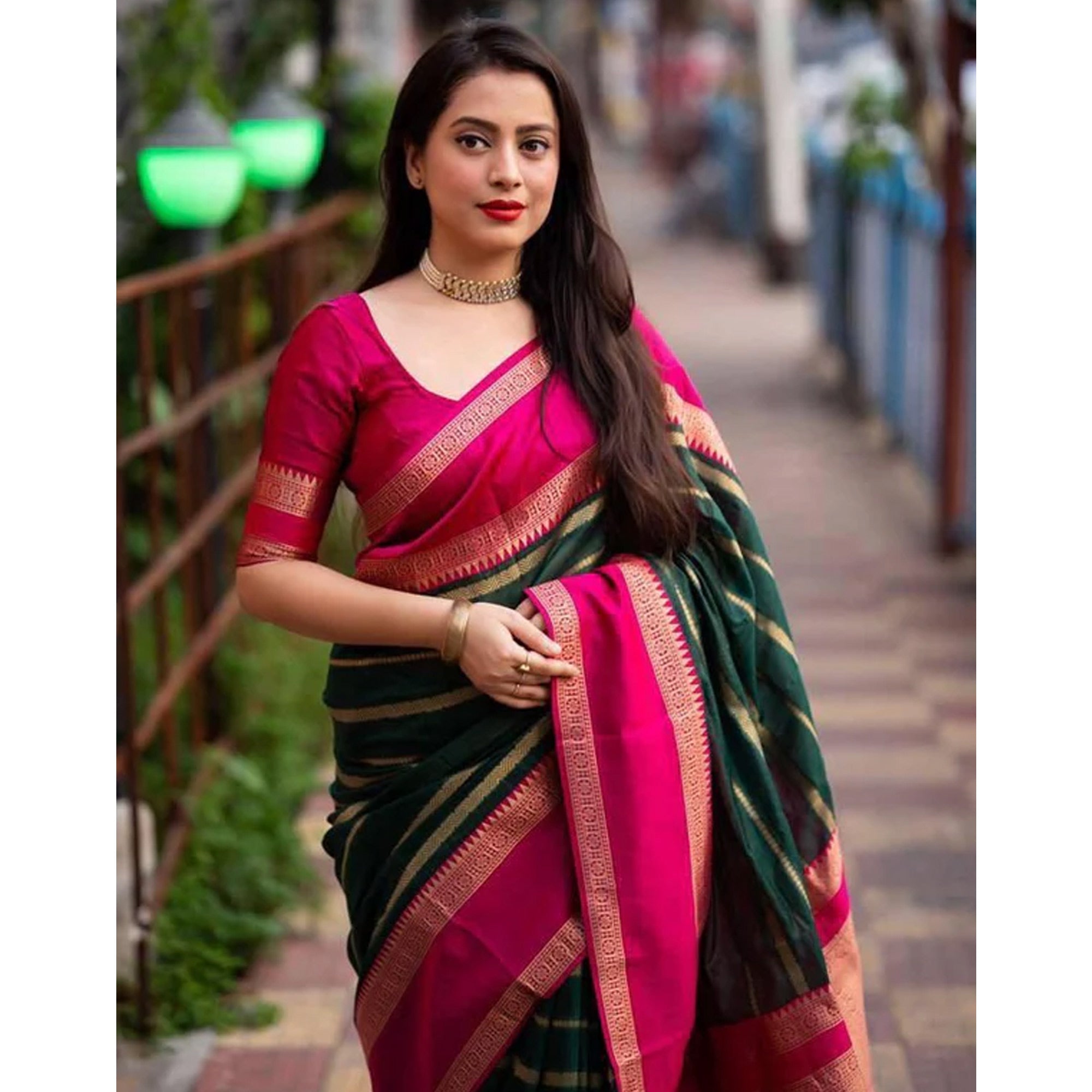 Green Woven Banarasi Silk Saree with Tassels