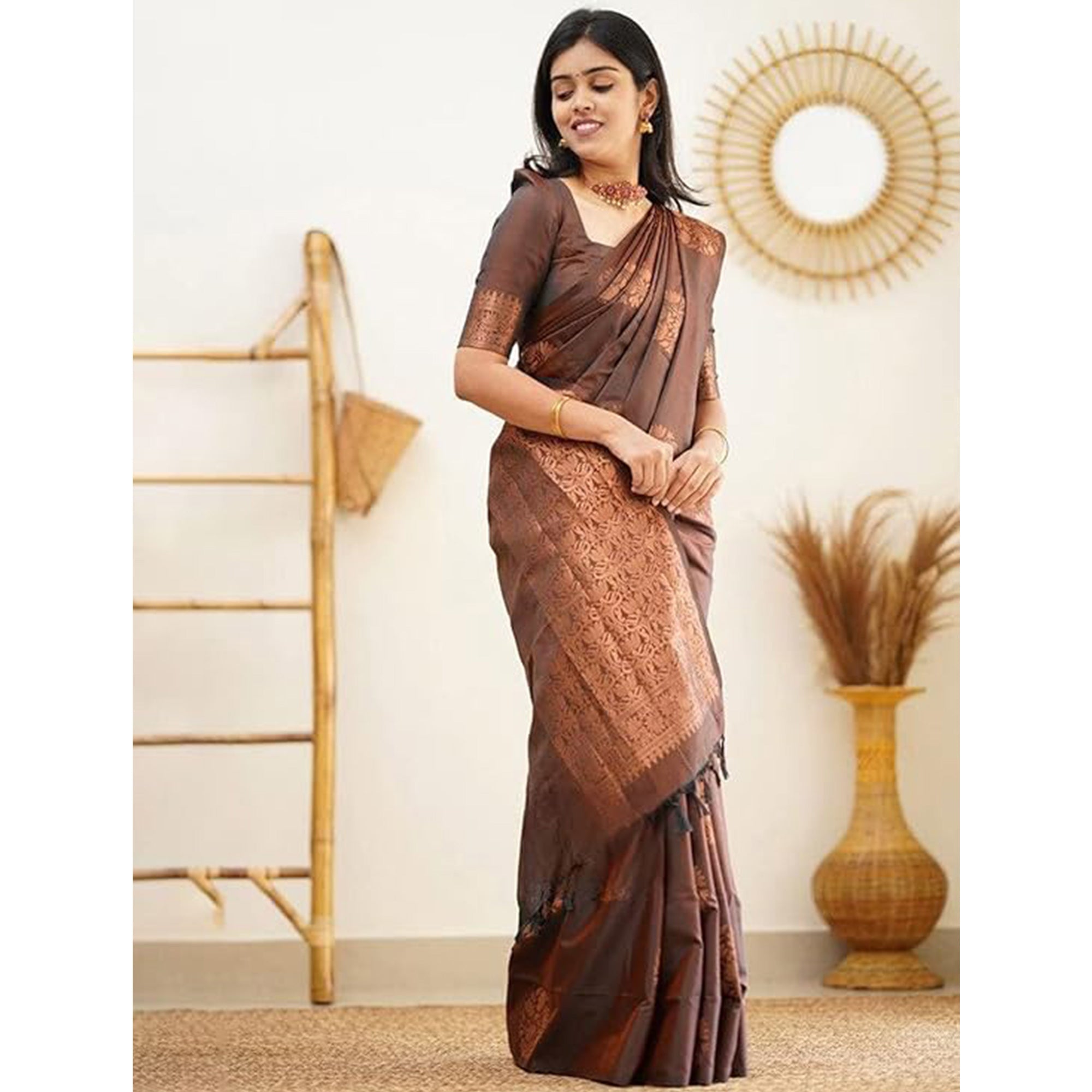 Brown Floral Woven Banarasi Silk Saree