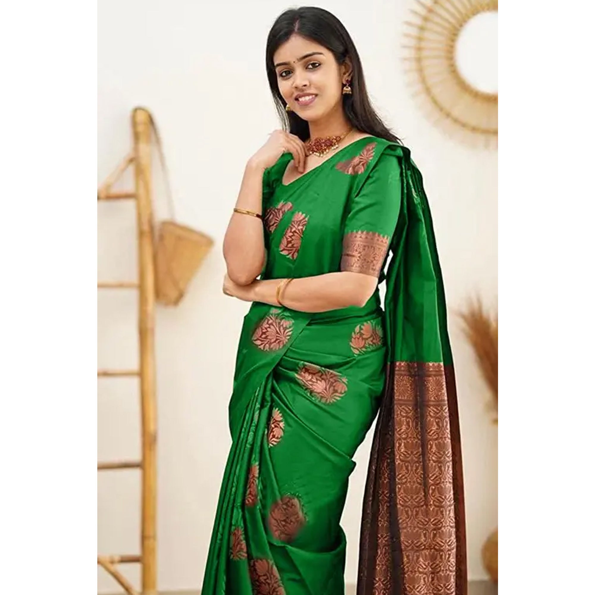 Parrot Green Floral Woven Banarasi Silk Saree