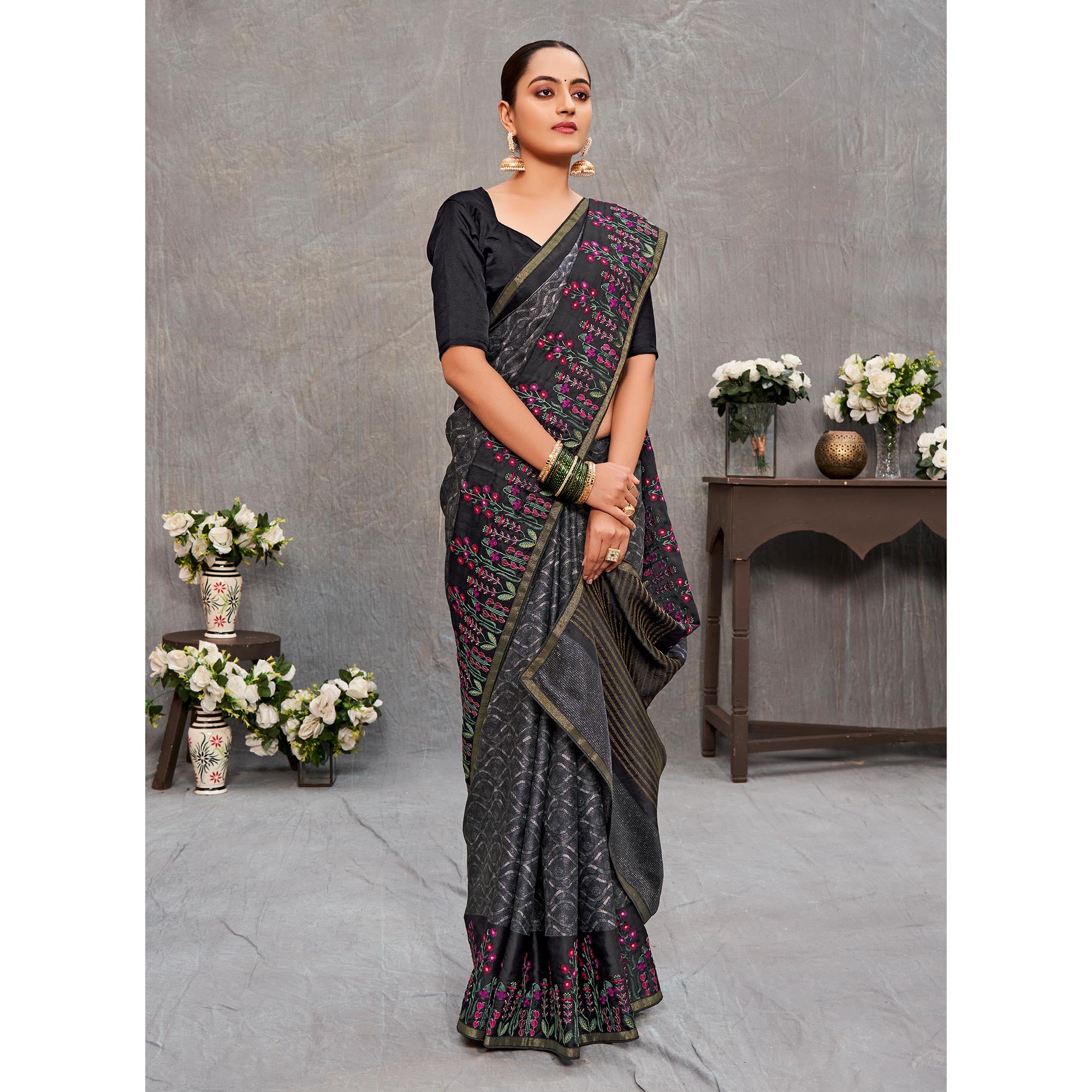 Grey Printed With Embroidered Cotton Silk Saree