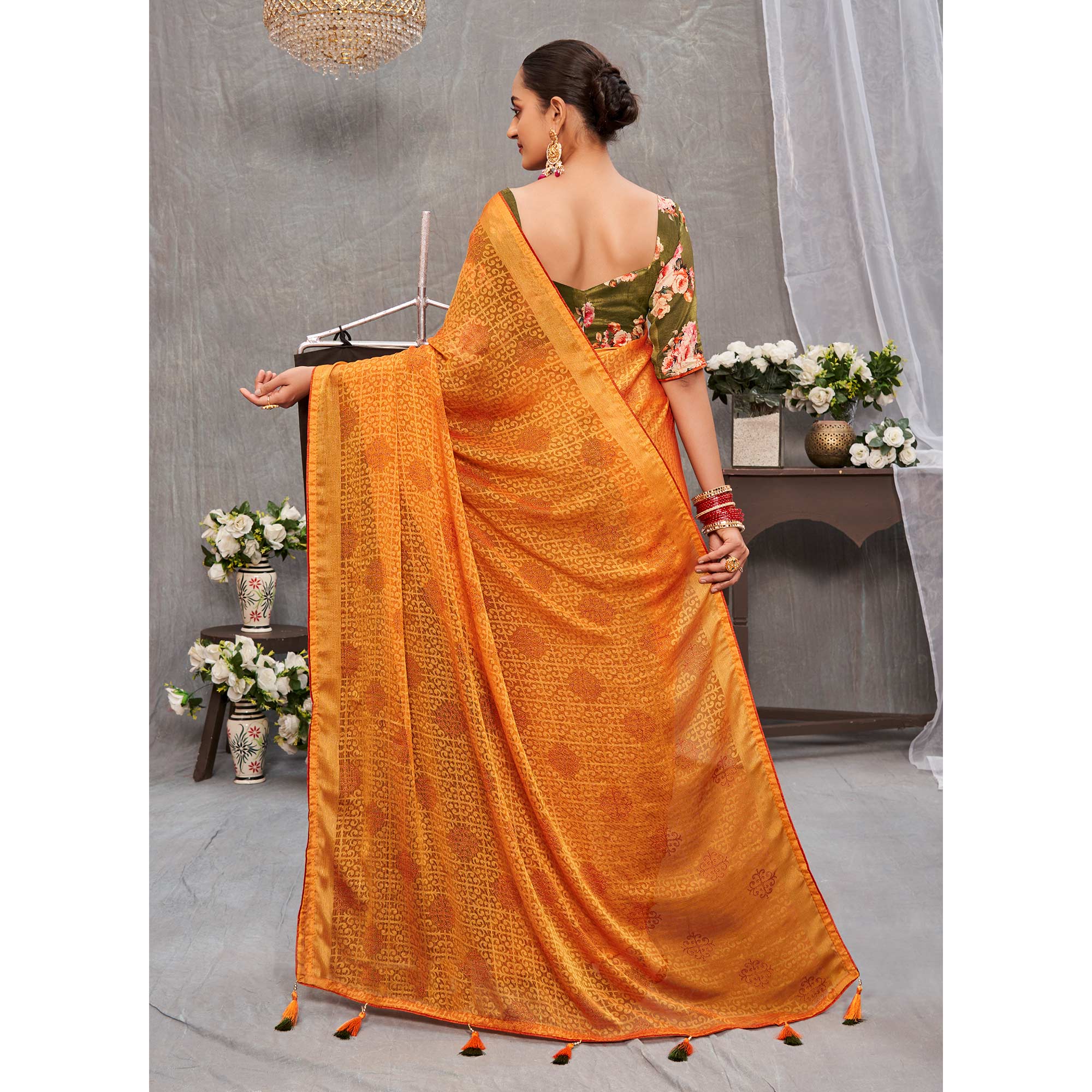Mustard Printed Brasso Saree