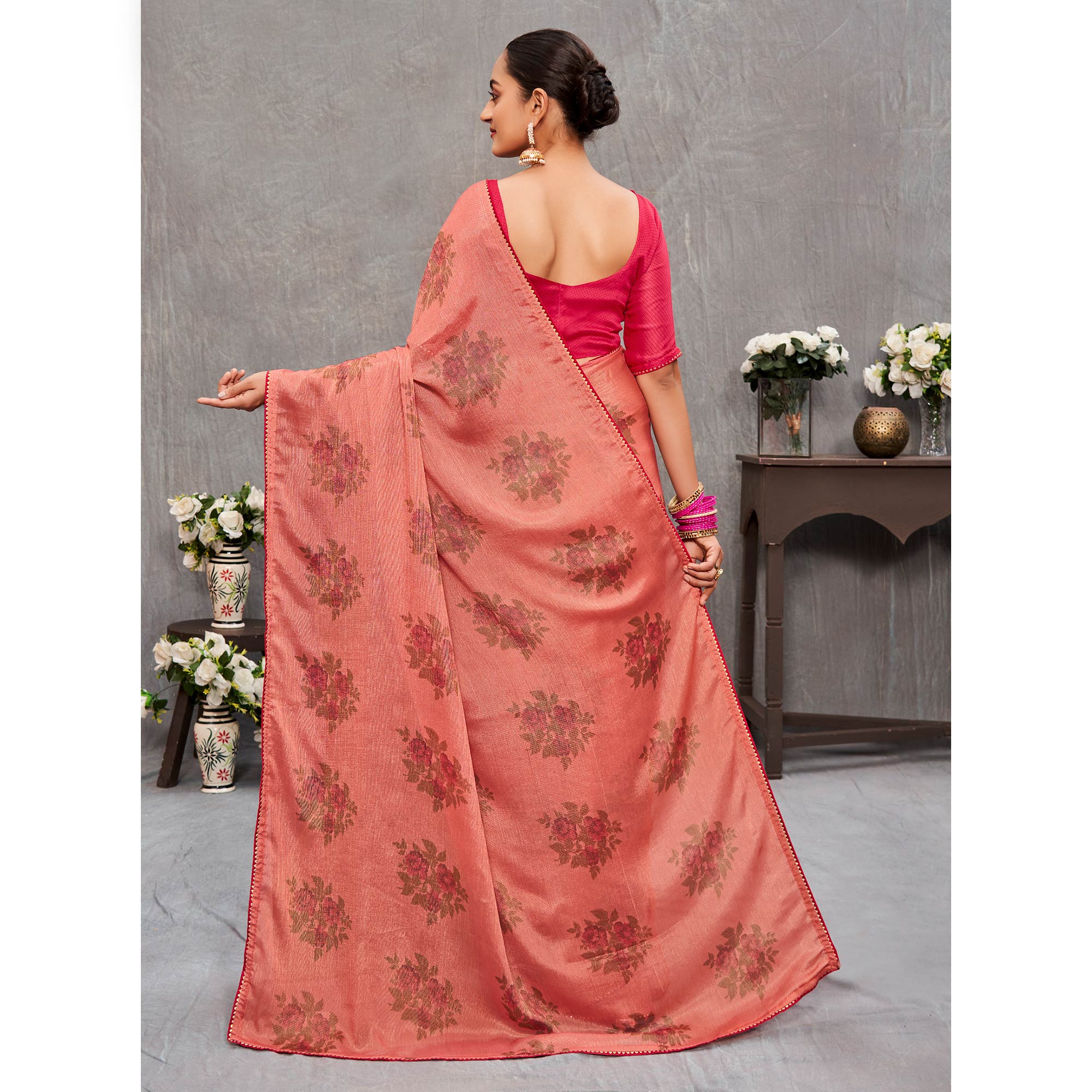 Peach Floral Printed Brasso Saree
