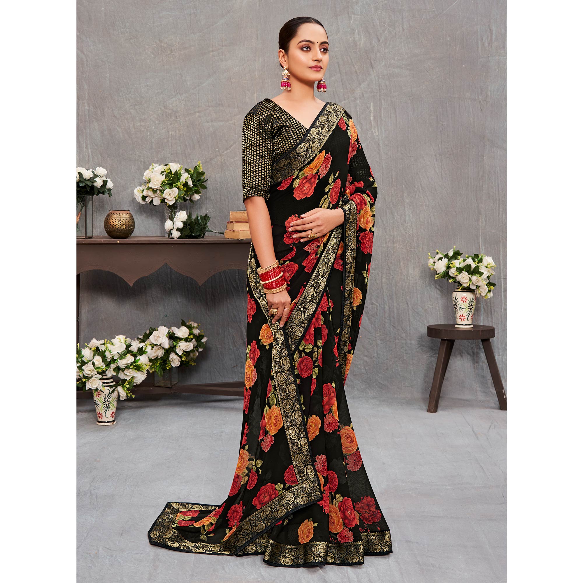 Black Floral Printed Georgette Saree