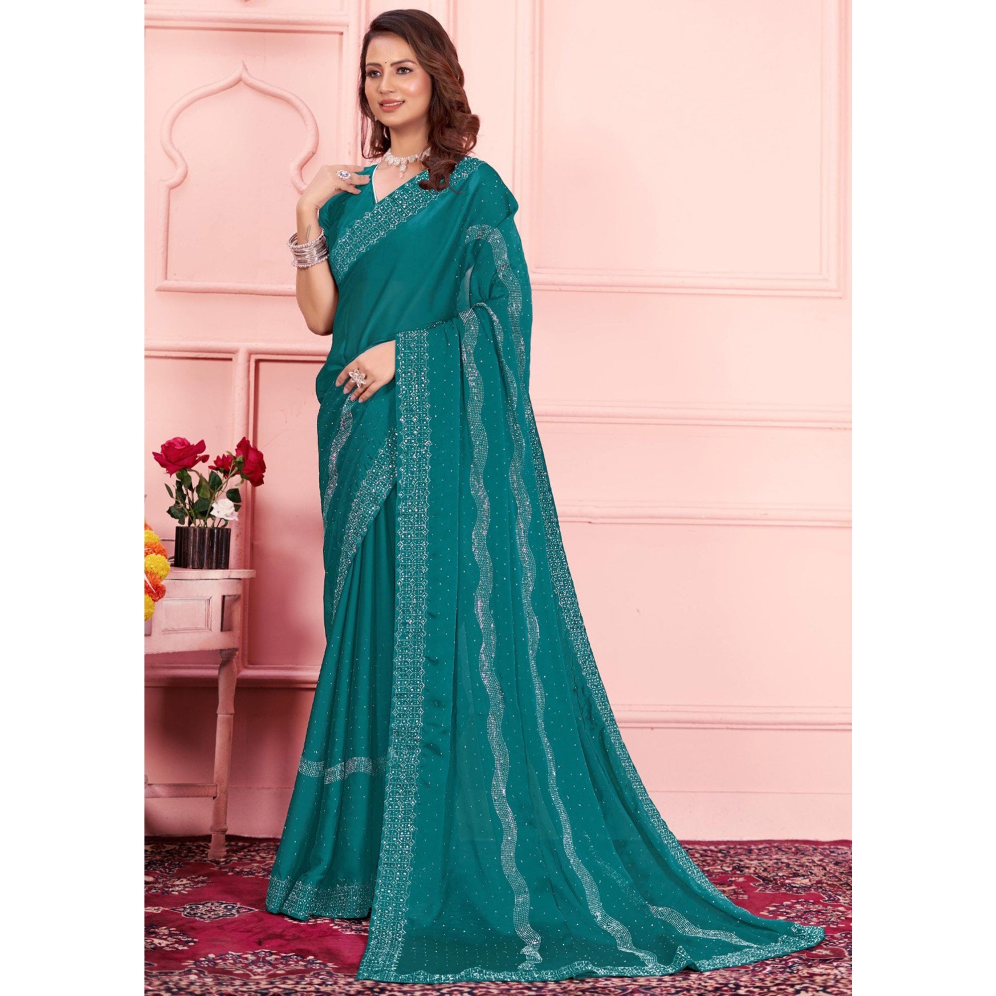 Rama Blue Swarovski Work Satin Saree