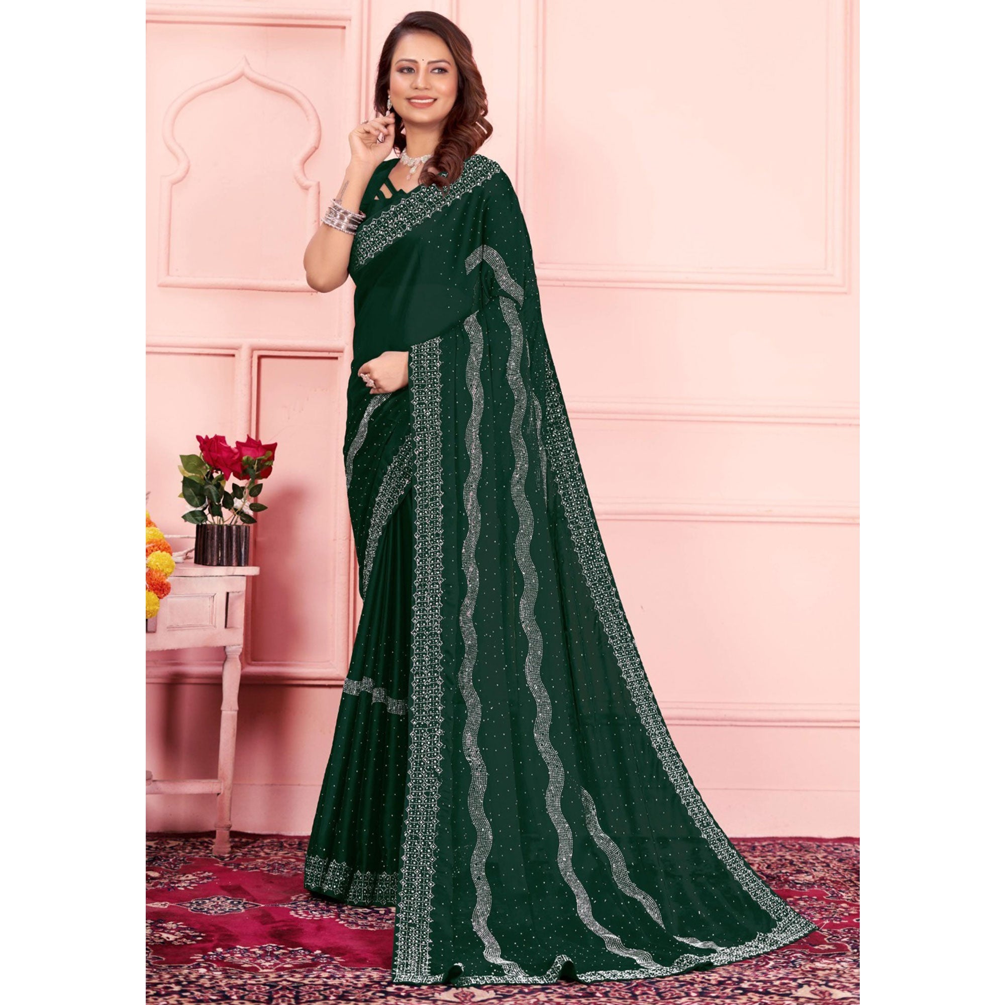 Green Swarovski Work Satin Saree