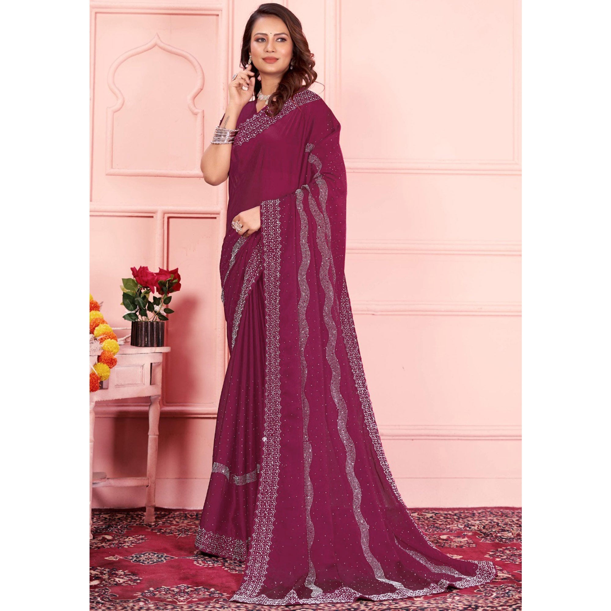 Rani Pink Swarovski Work Satin Saree