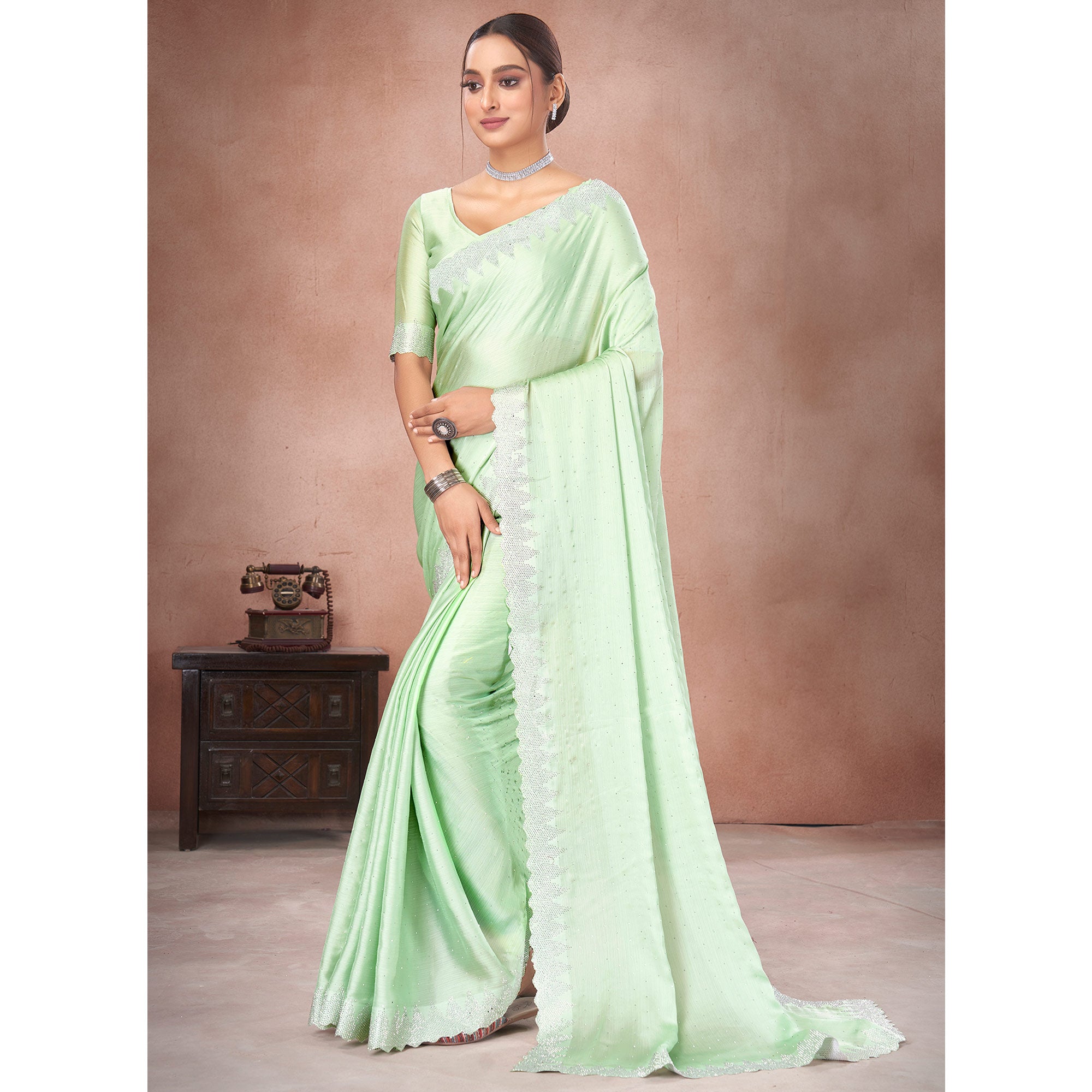 Pista Green Swarovski Work Satin Saree