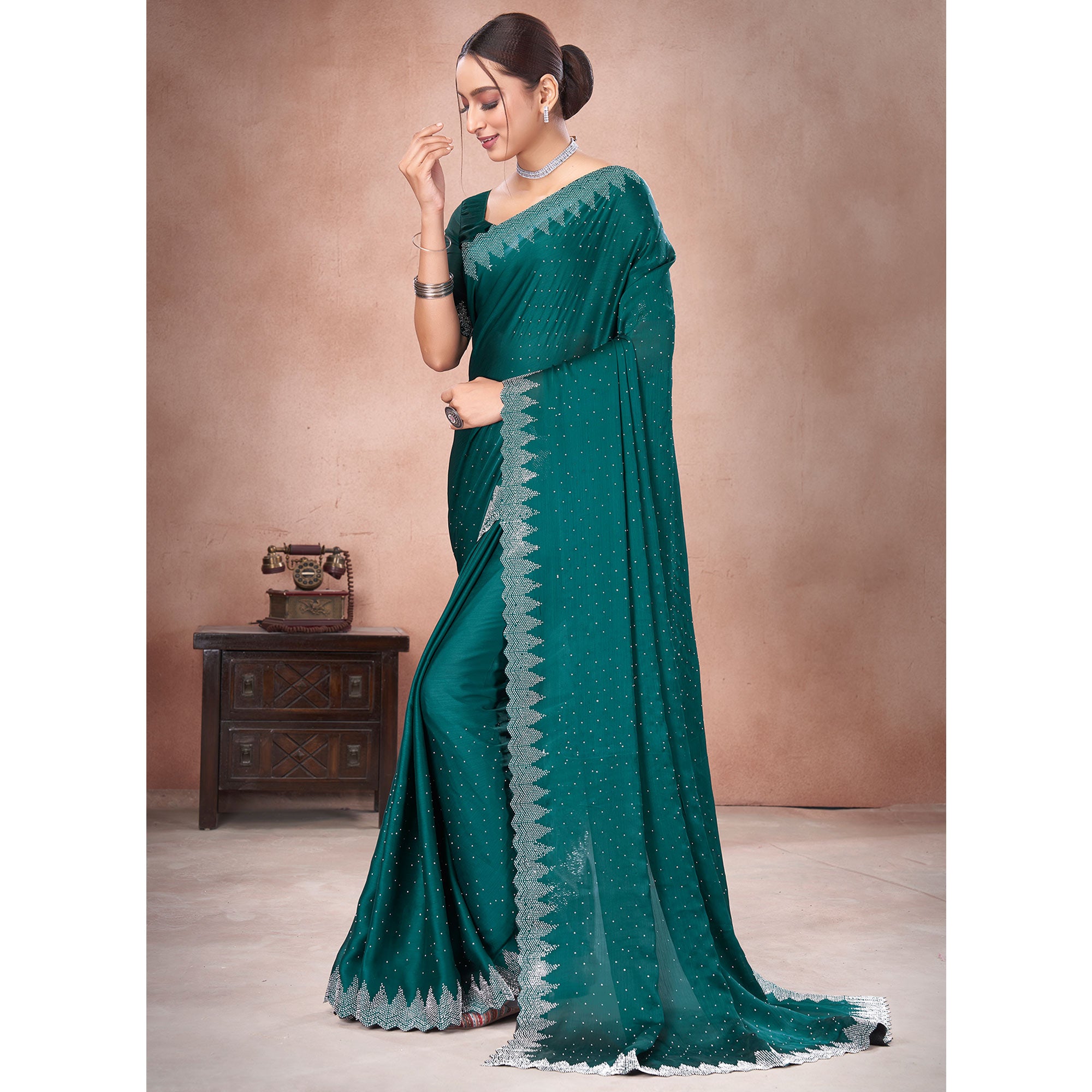 Rama Green Swarovski Work Satin Saree