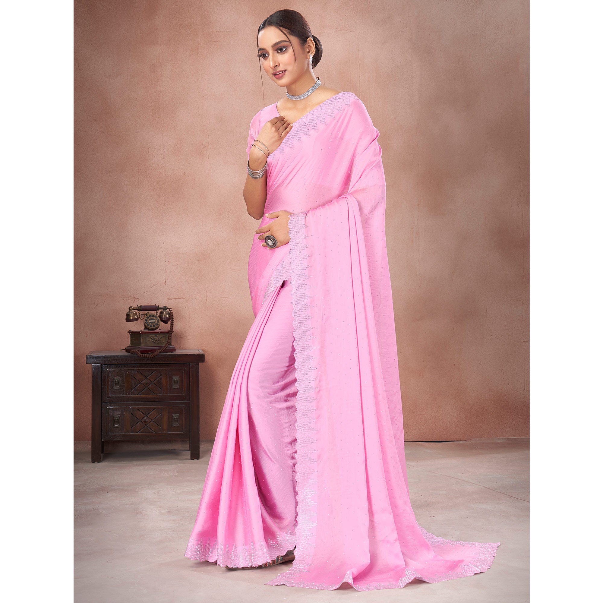 Light Pink Swarovski Work Satin Saree