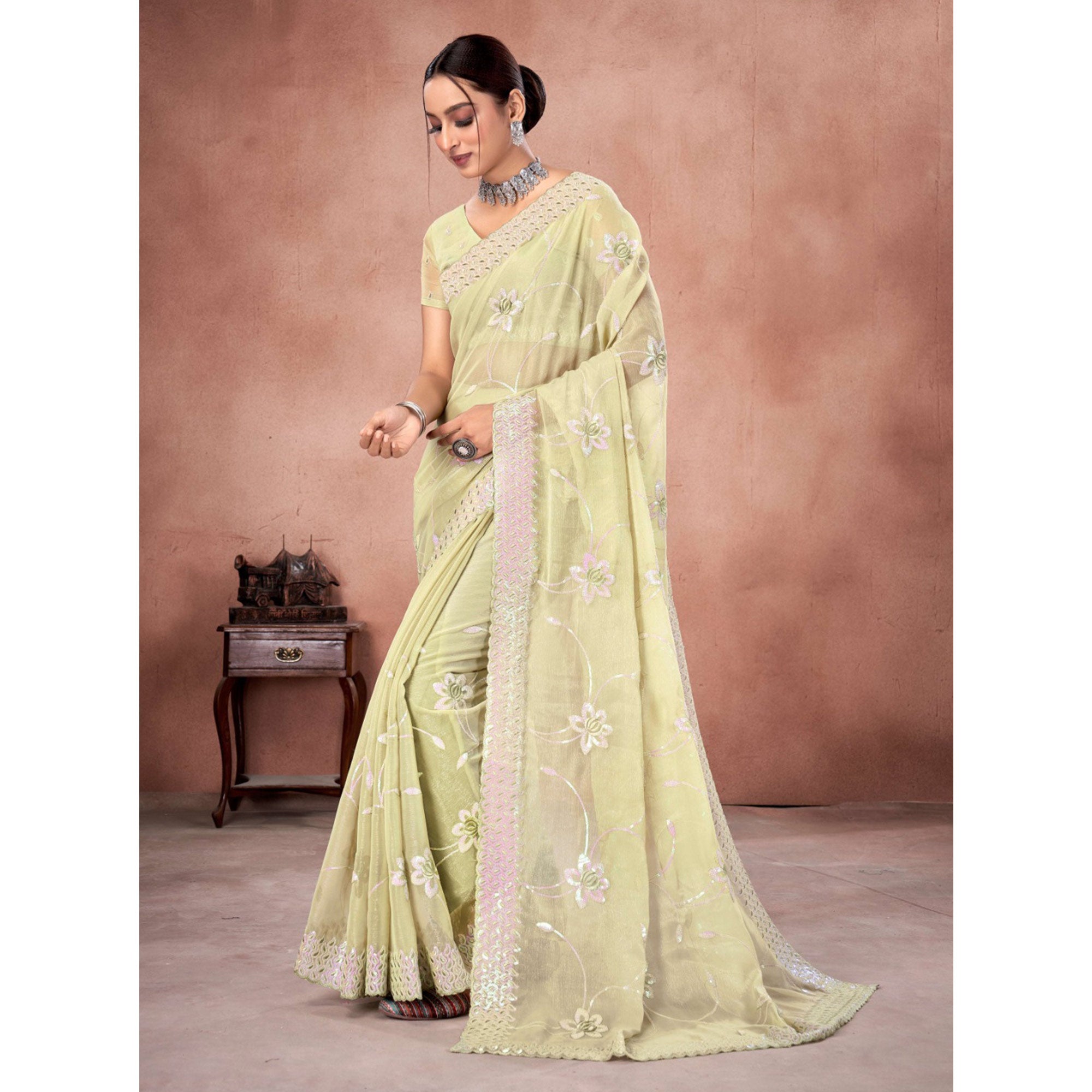 Pista Green Floral Sequins Embroidered Chiffon Saree