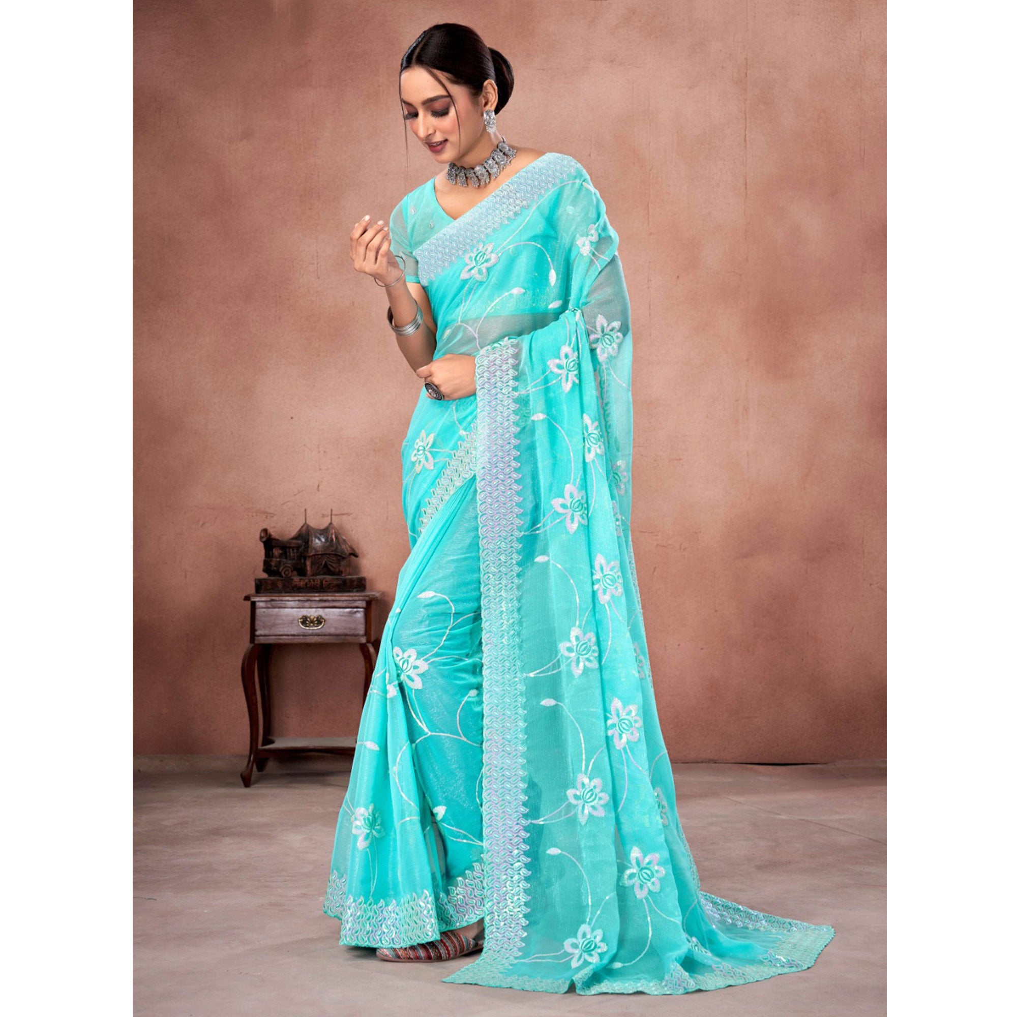 Blue Floral Sequins Embroidered Chiffon Saree