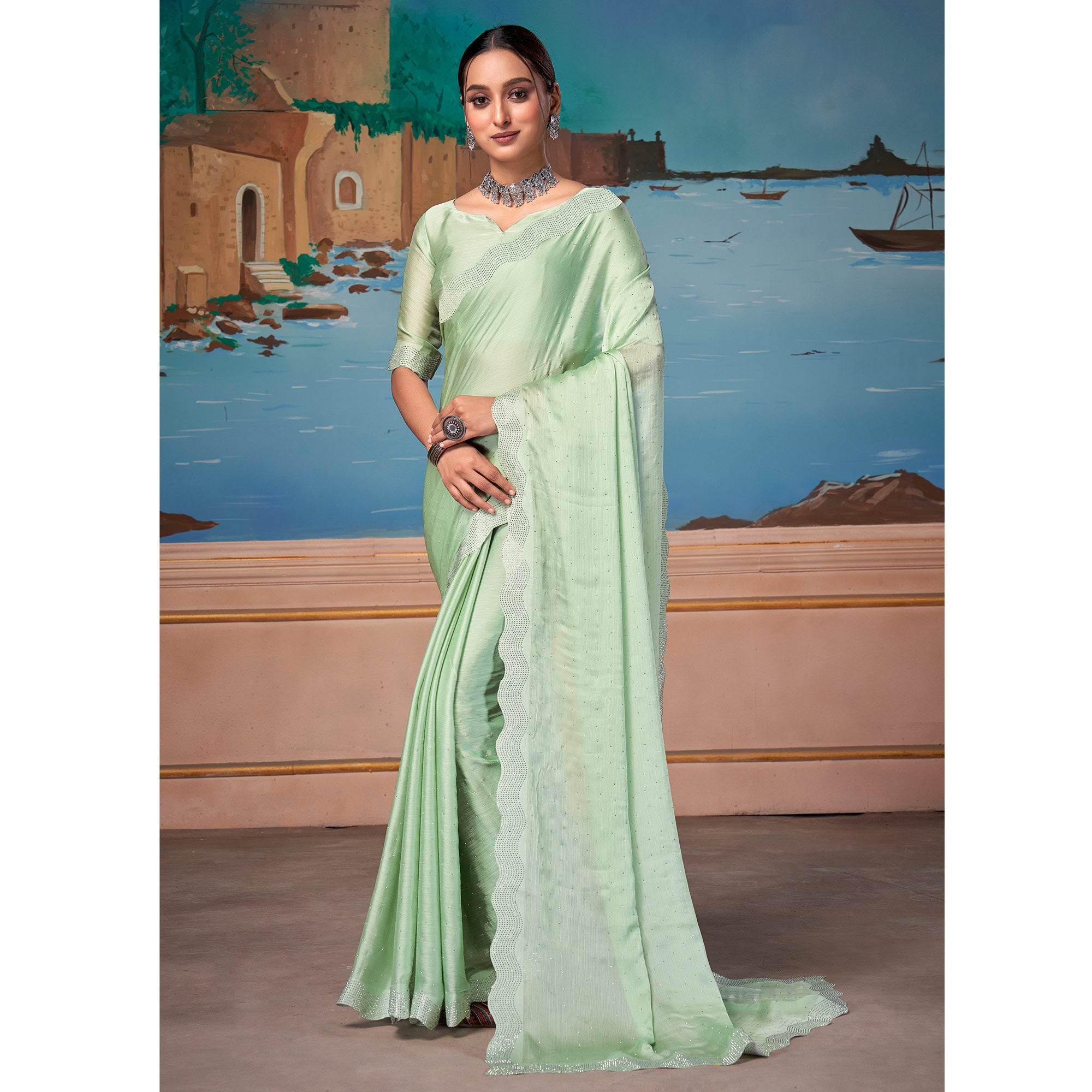 Pista Green Swarovski Work Satin Saree