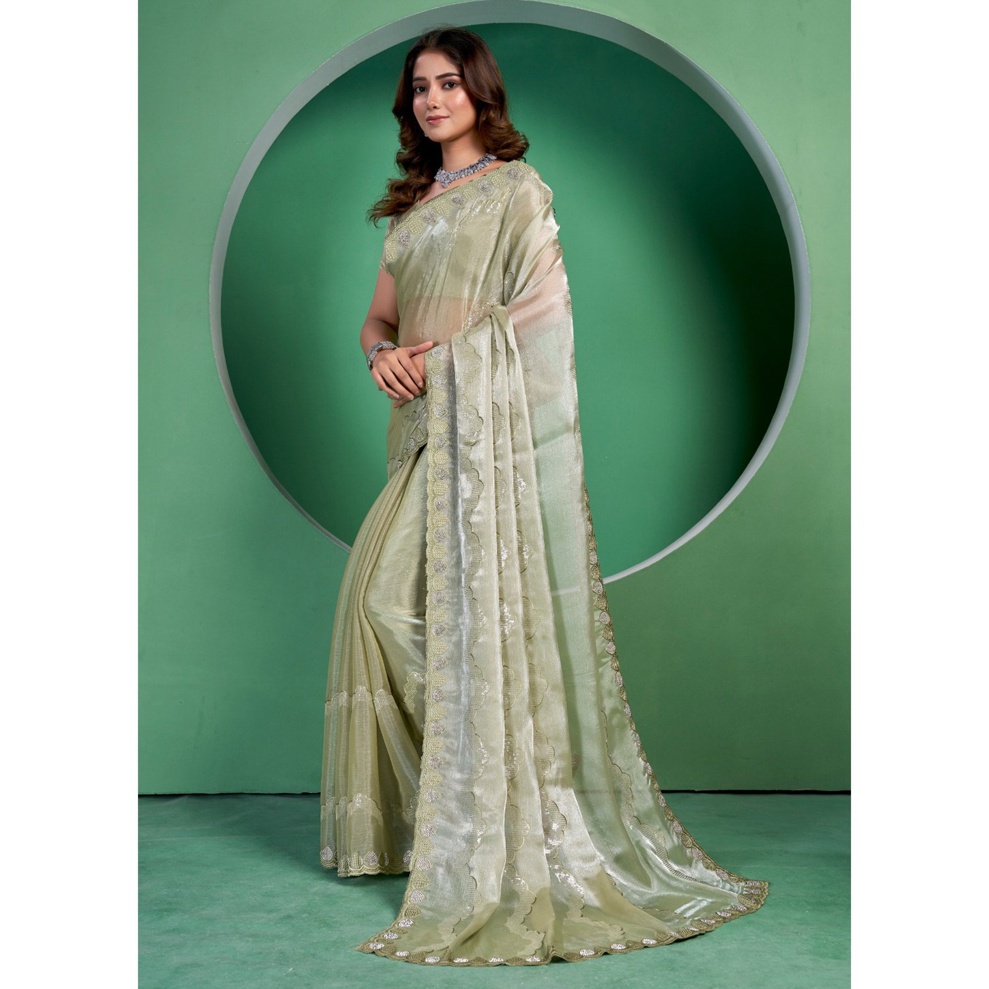 Pista Green Sequins Embroidered Chiffon Saree With Diamond Border