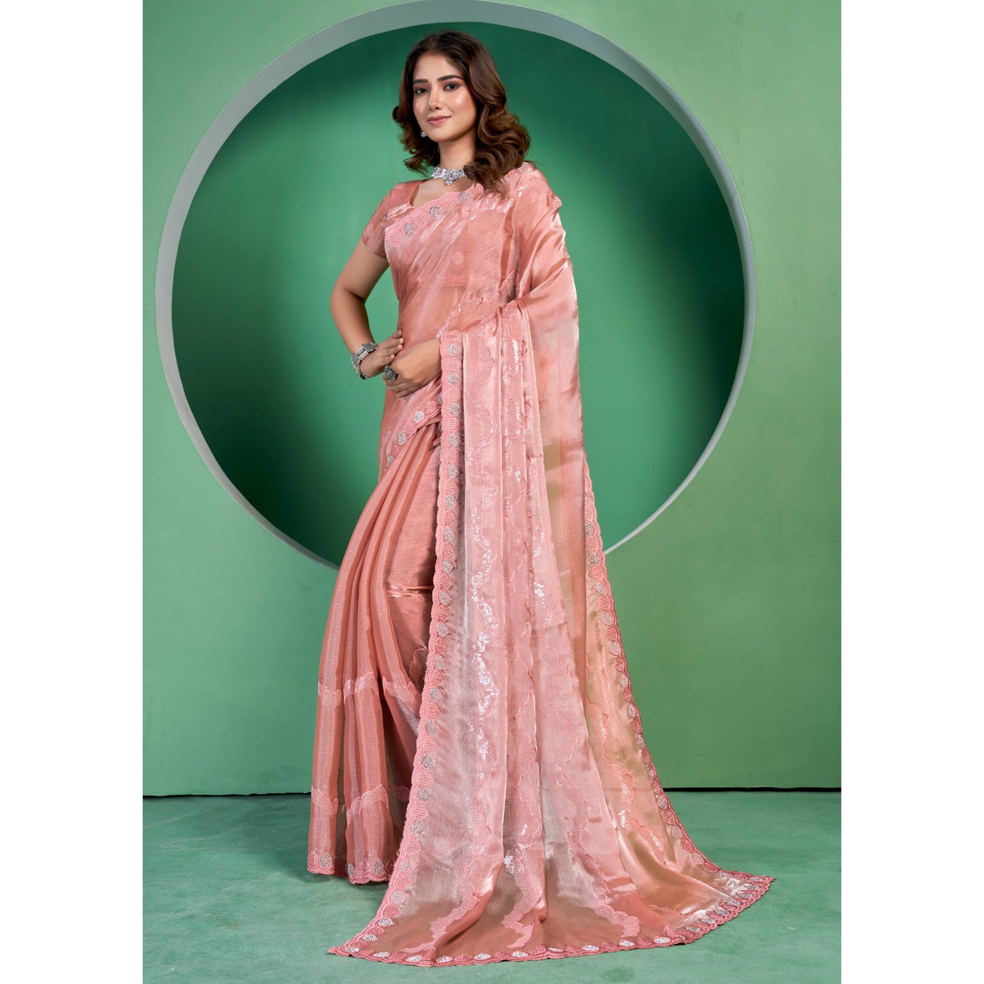 Peach Sequins Embroidered Chiffon Saree With Diamond Border
