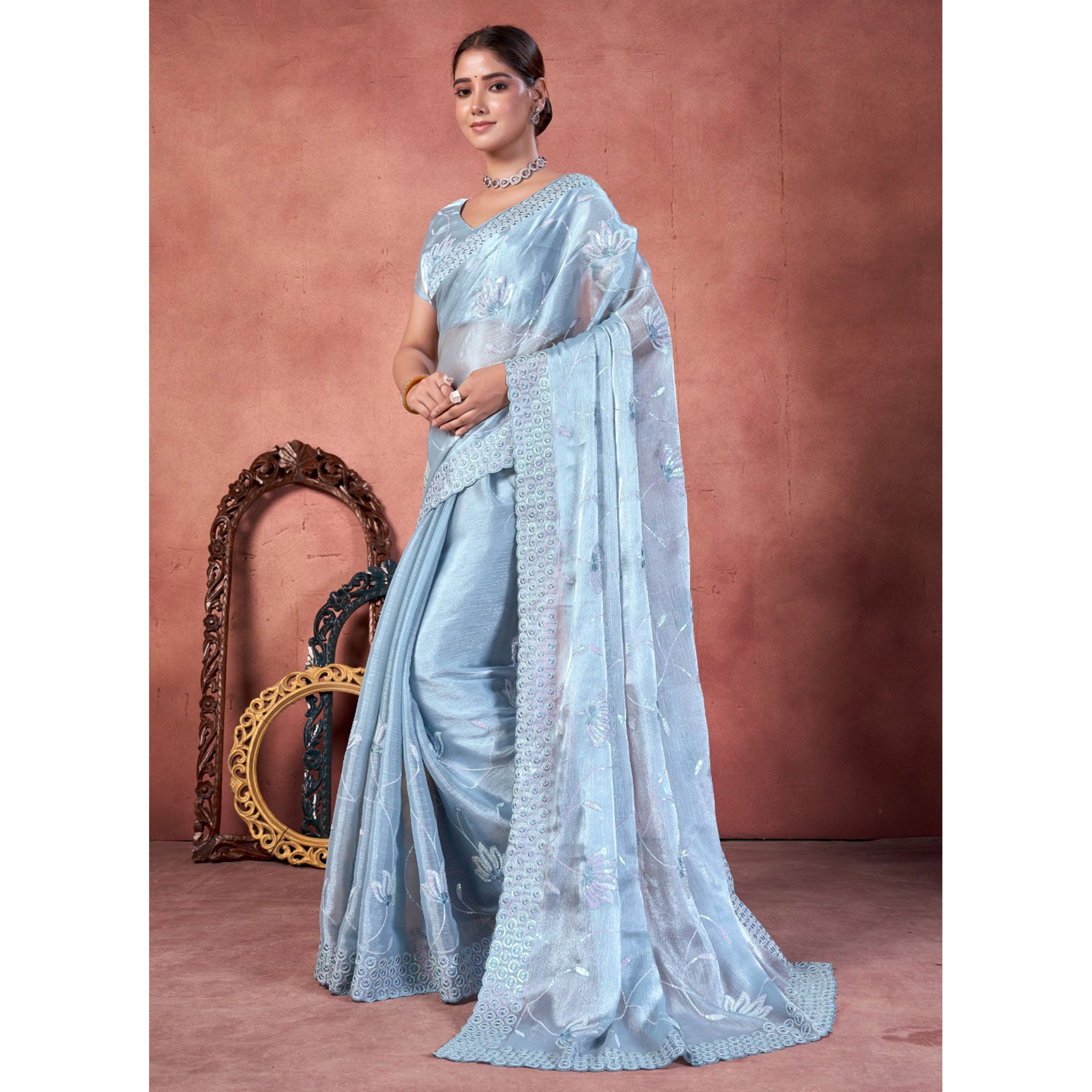 Greyish Blue Floral Sequins Embroidered chiffon Saree