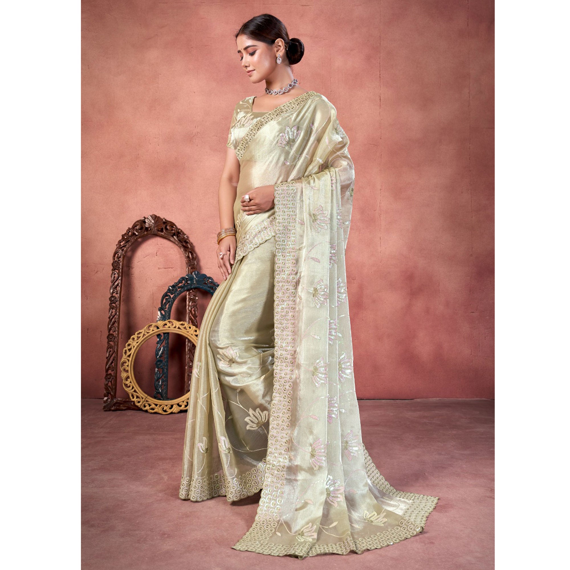 Pista Green Floral Sequins Embroidered chiffon Saree