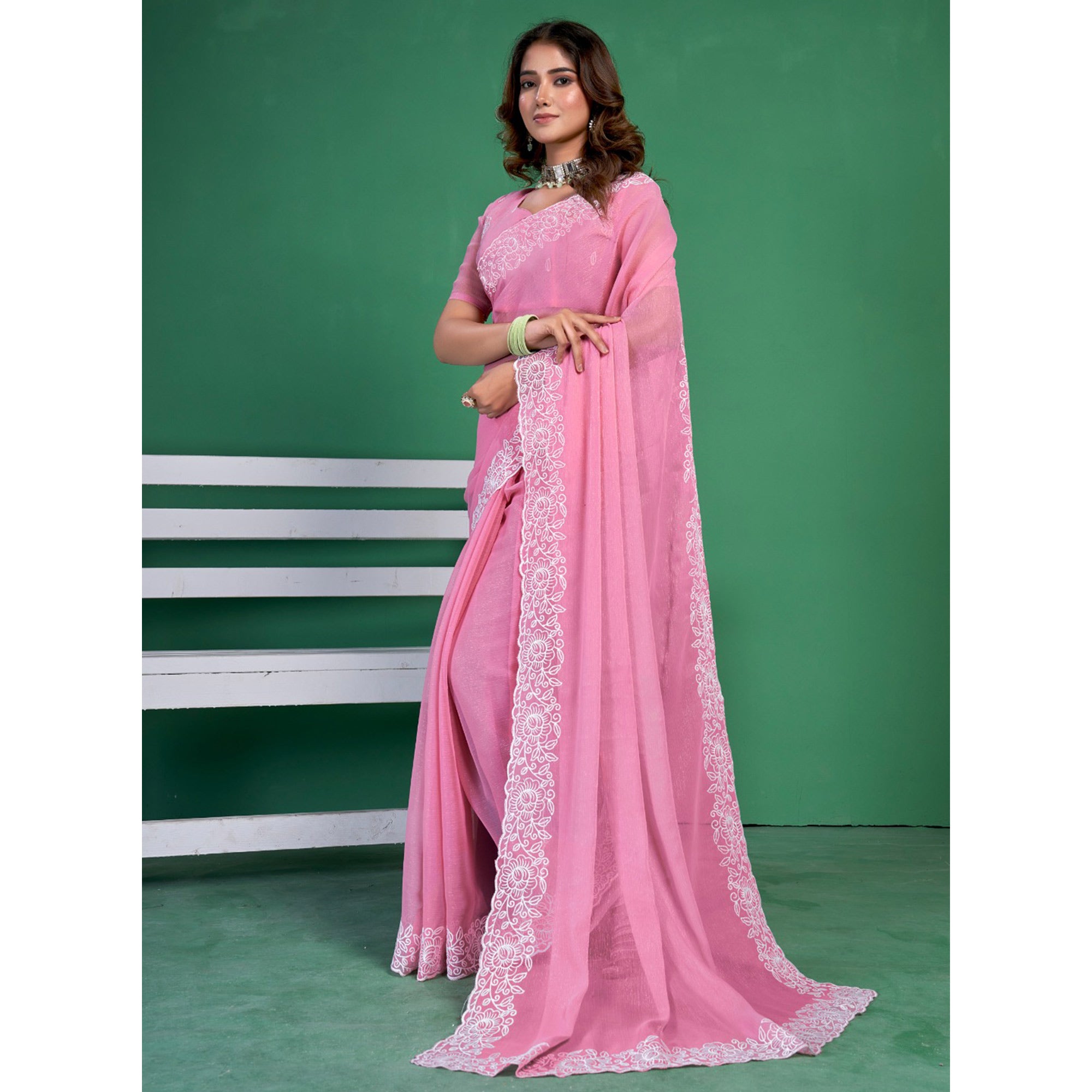 Pink Chiffon Saree With Embroidered Border