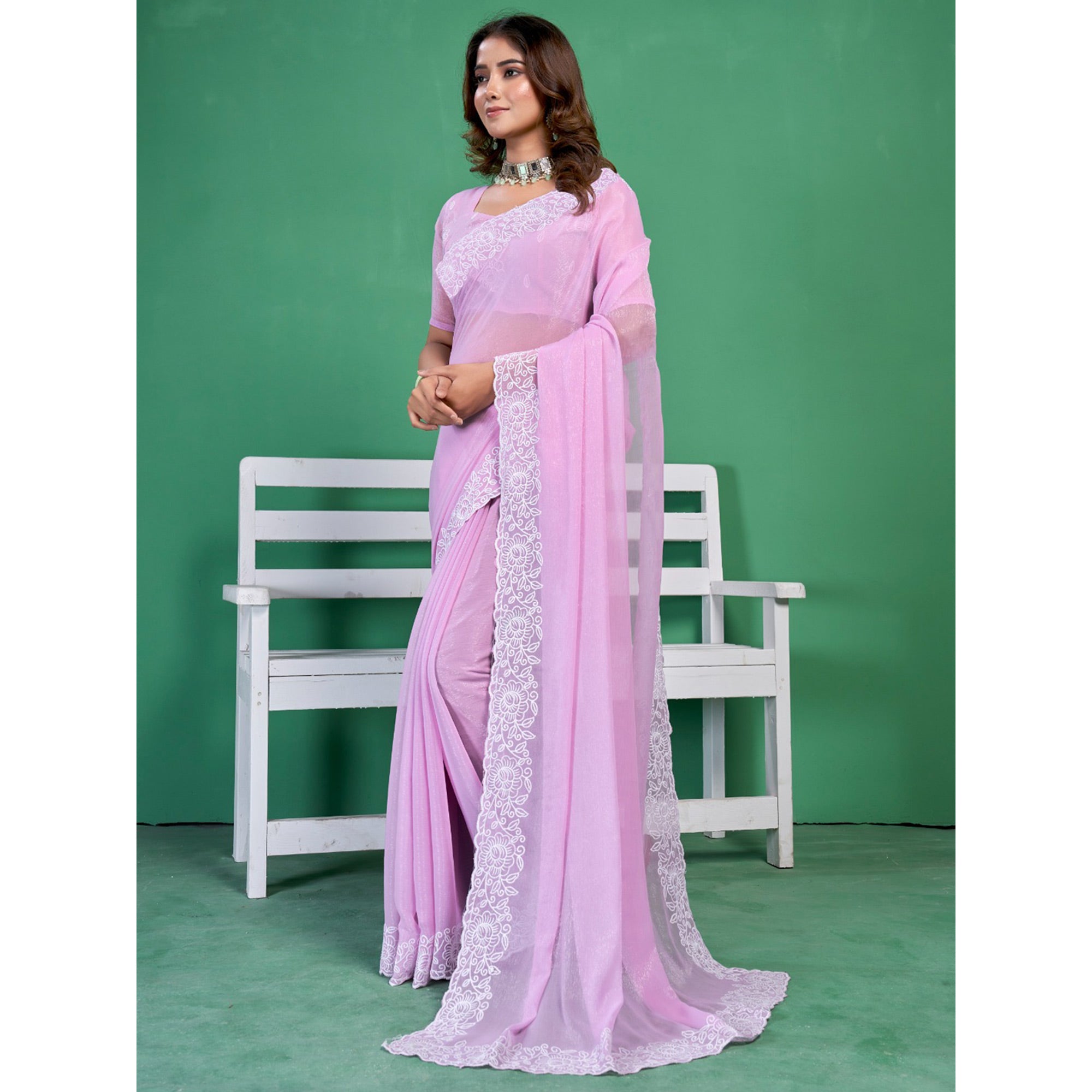 Purple Chiffon Saree With Embroidered Border